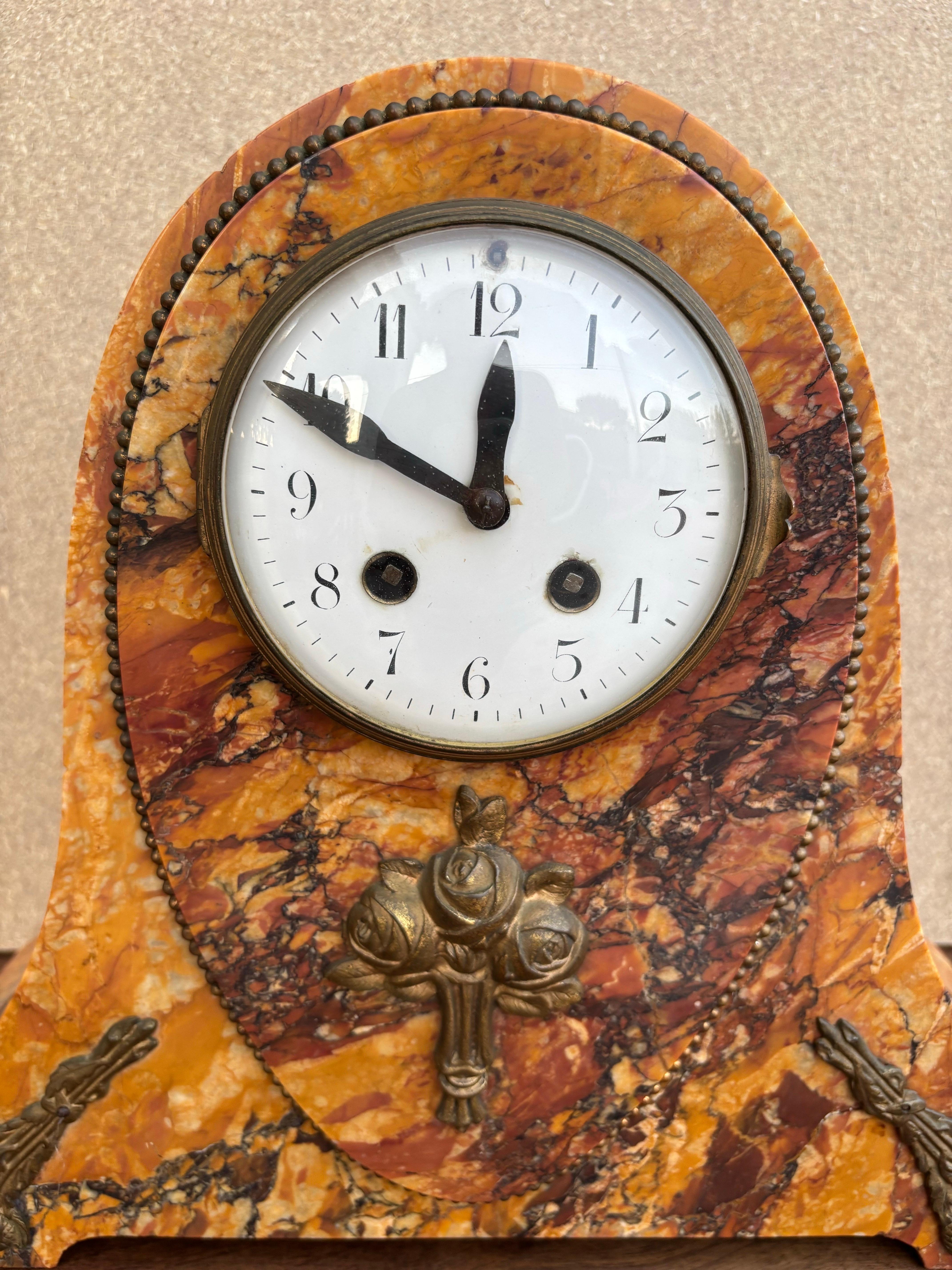 Patinated Art Deco Clock With Marble Trim, 1890s, Set Of 3 For Sale