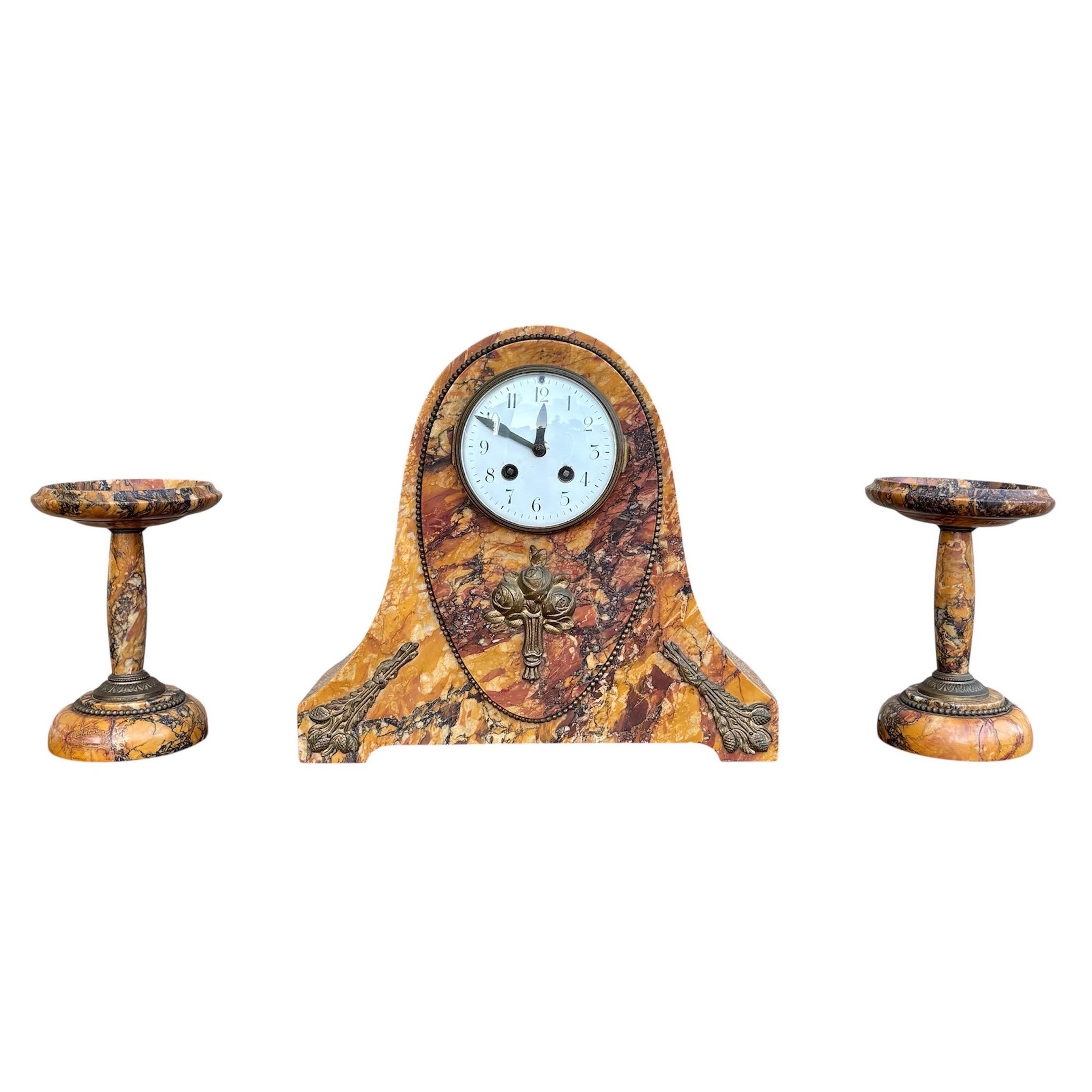 Art Deco Clock With Marble Trim, 1890s, Set Of 3 For Sale