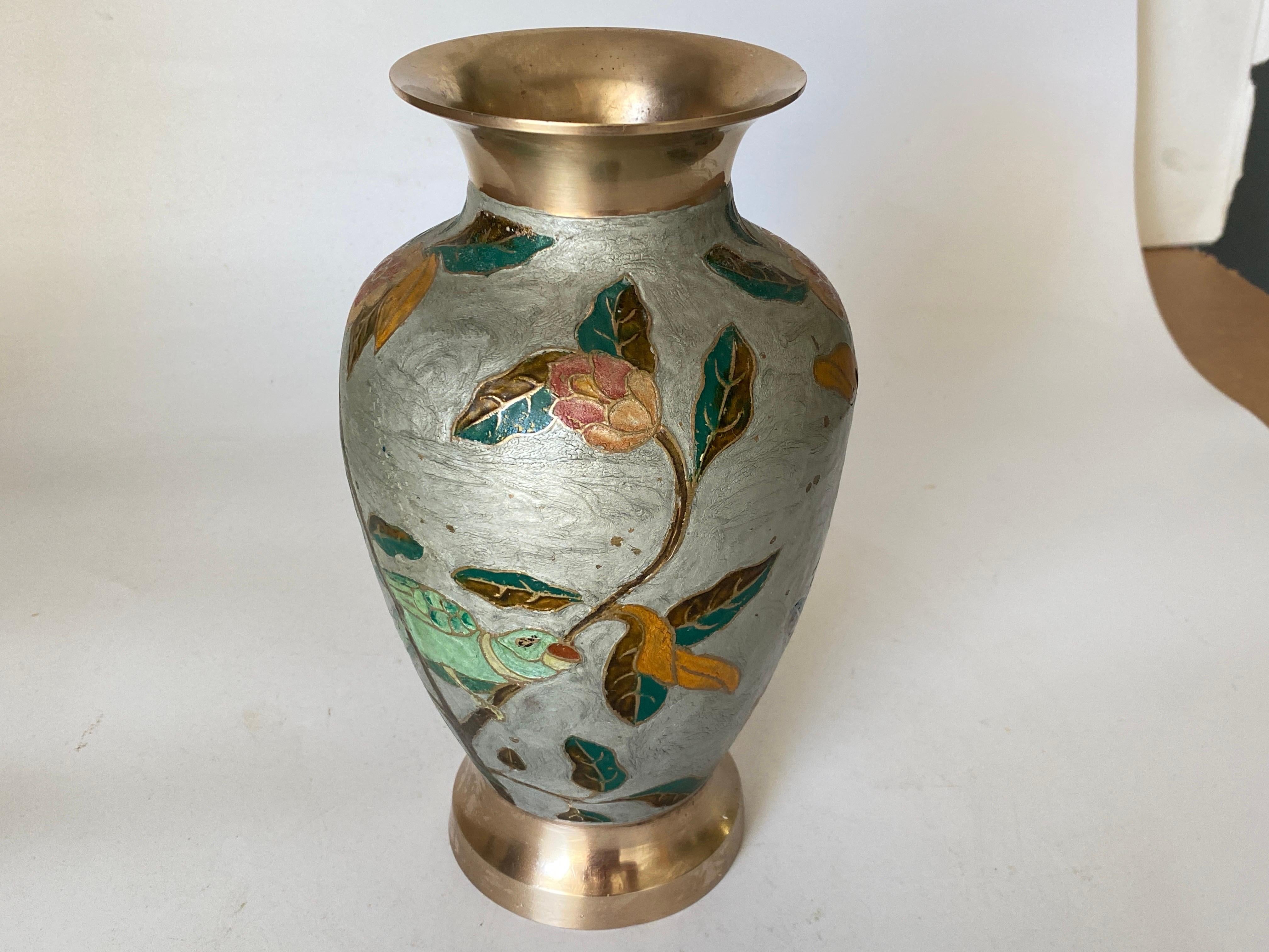 Brass Art Deco Cloisoné Vase, with Colored Flowers Pattern, France, 20th Century For Sale