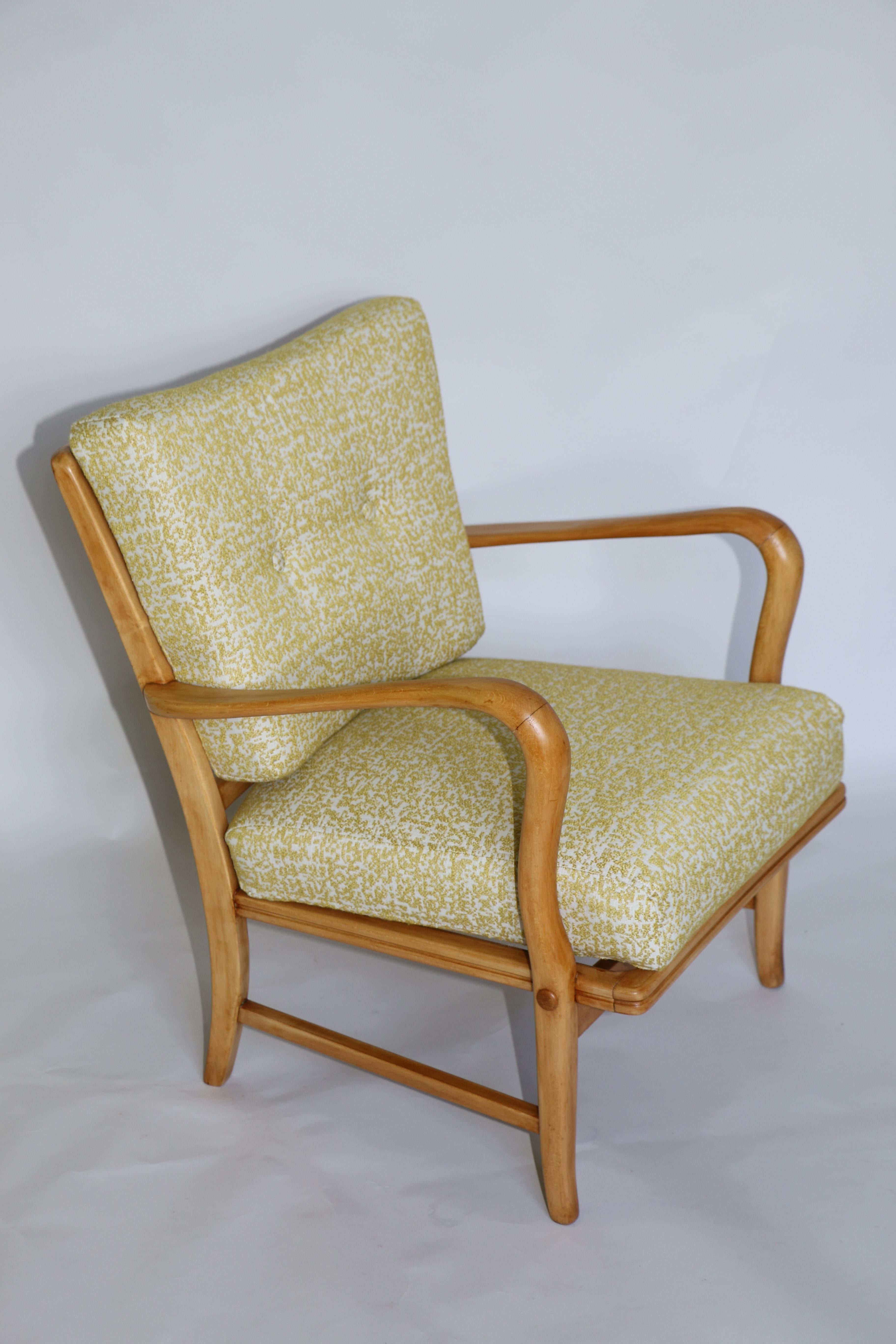 Restored Art Deco armchair in yellow fabric from 1970s, new upholstery covered with natural fabric in fashionable mix of yellow and white color on integrated cushion, finished with wooden. Wooden elements in origin natural wood color. Perfect