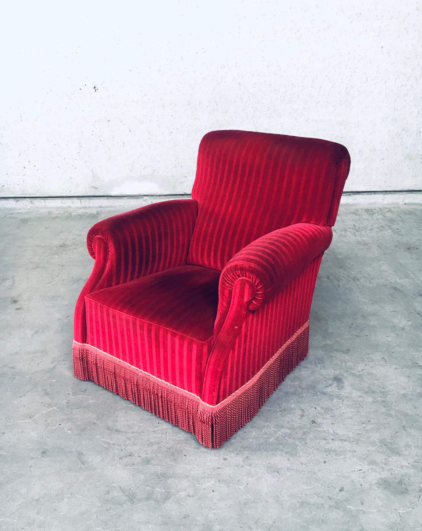 Art Deco Club Armchair Set in Bordeaux Red Striped Velvet, Belgium, 1940's 5