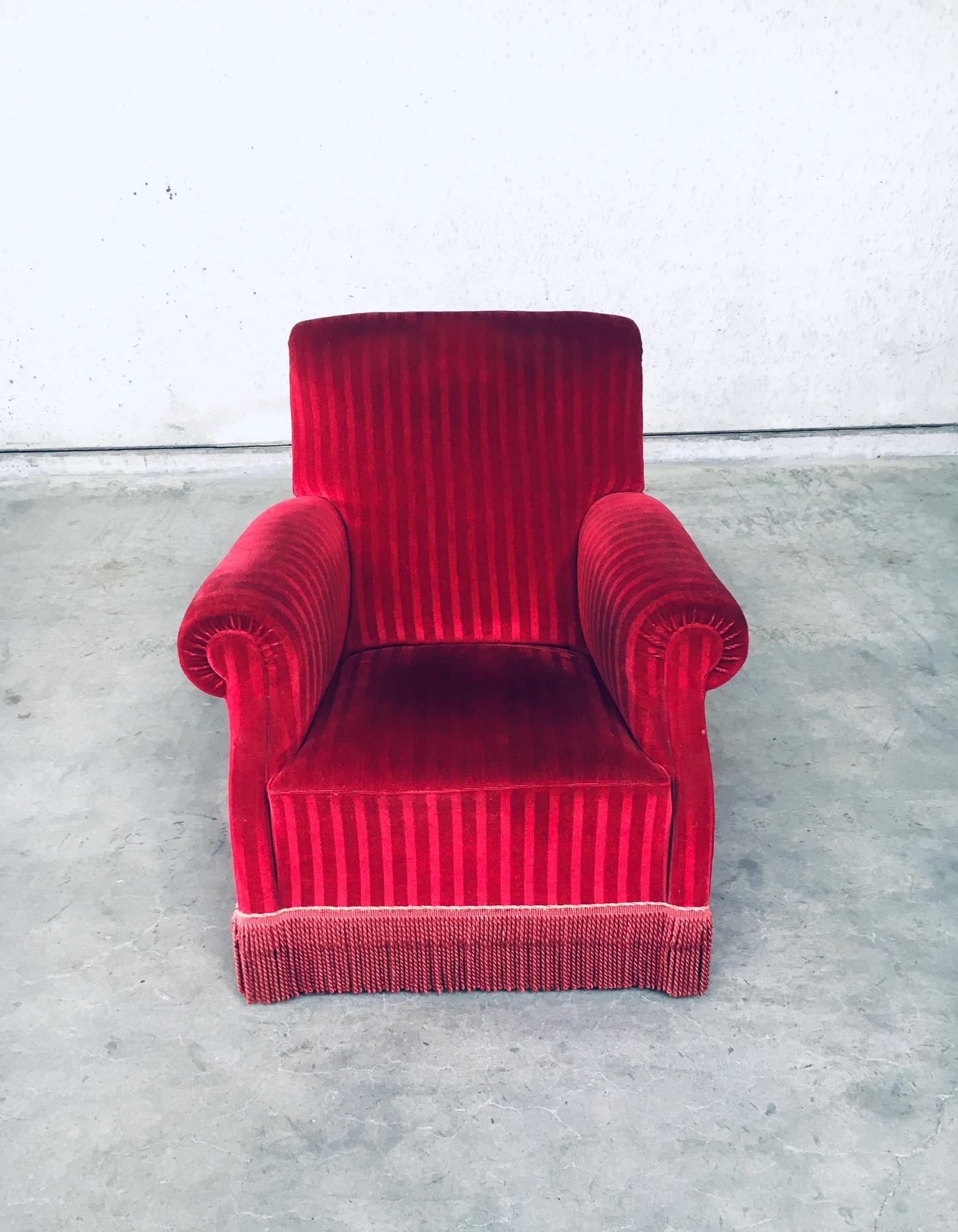 Art Deco Club Armchair Set in Bordeaux Red Striped Velvet, Belgium, 1940's 7