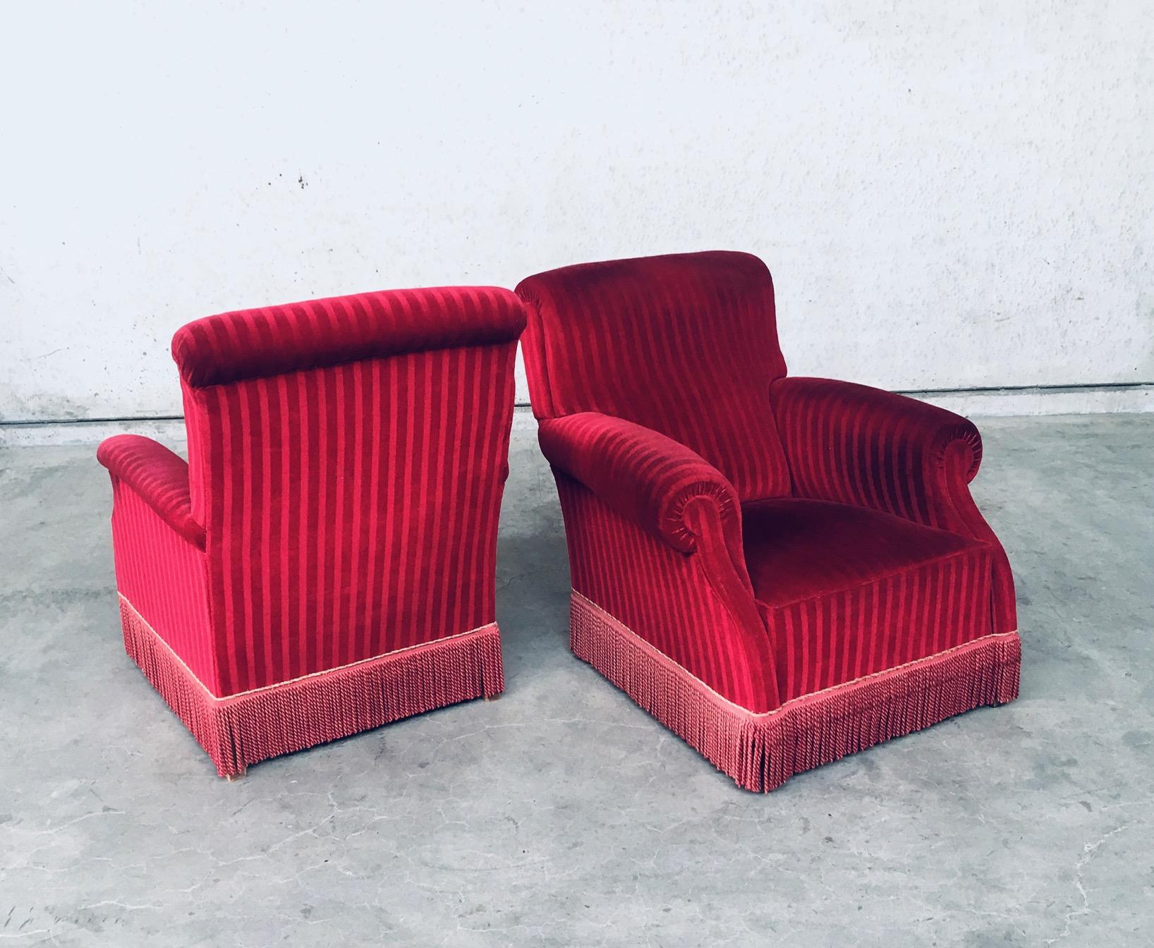 Mid-20th Century Art Deco Club Armchair Set in Bordeaux Red Striped Velvet, Belgium, 1940's