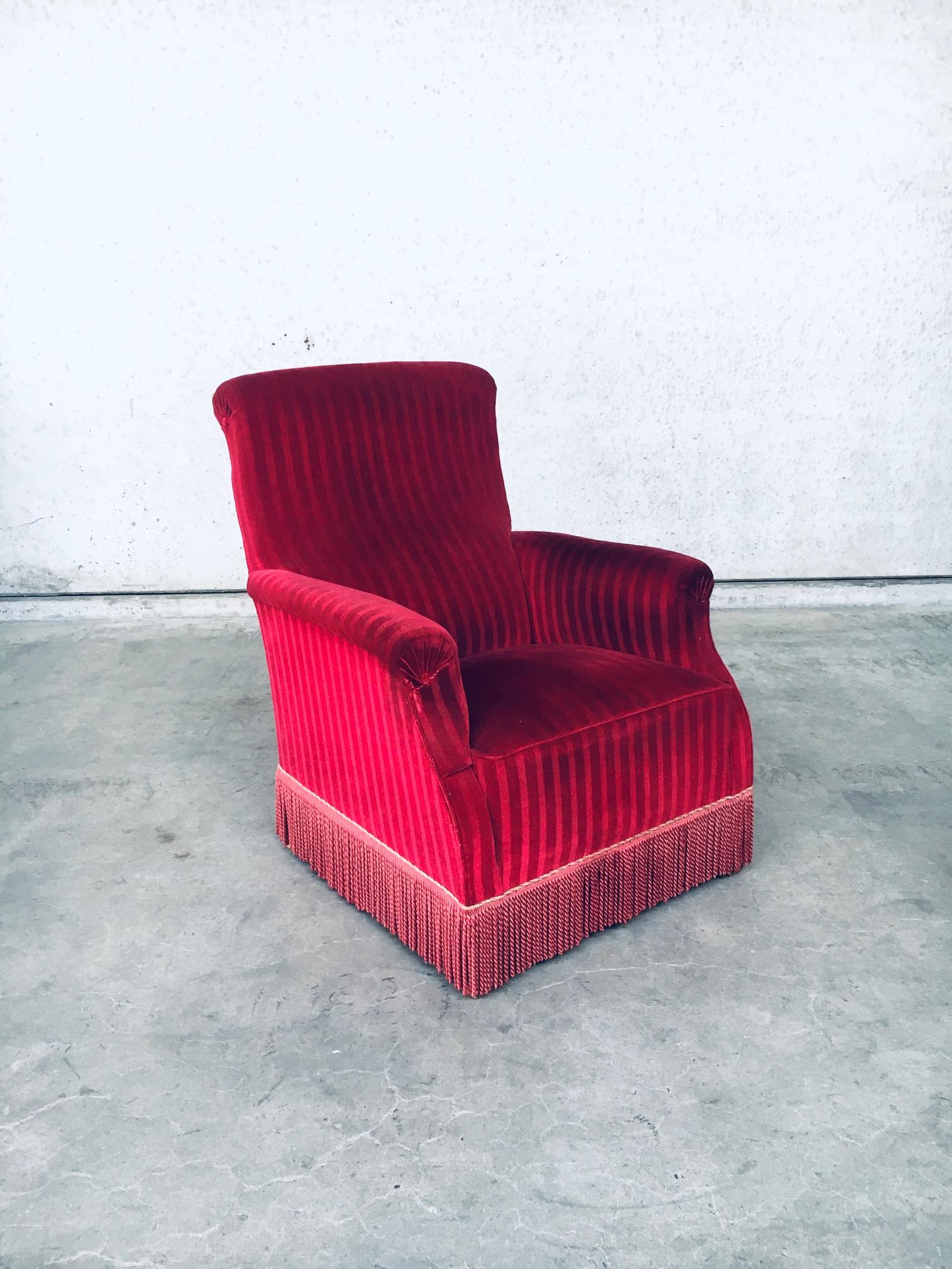 Art Deco Club Armchair Set in Bordeaux Red Striped Velvet, Belgium, 1940's 2