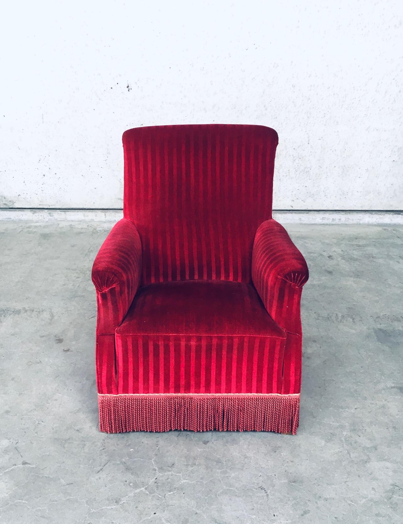 Art Deco Club Armchair Set in Bordeaux Red Striped Velvet, Belgium, 1940's 4