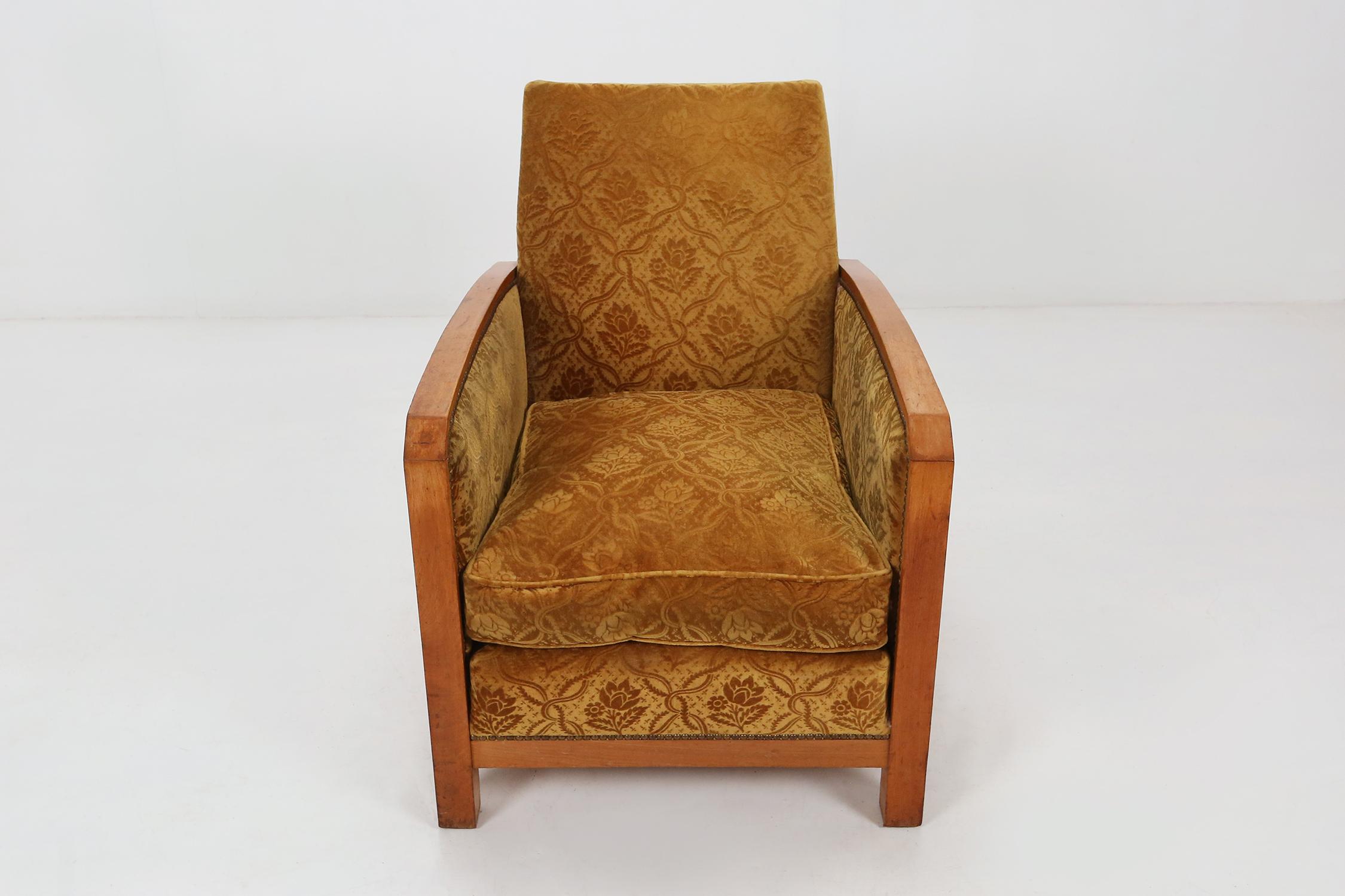 Velvet Art Deco Club Chair, 1930s