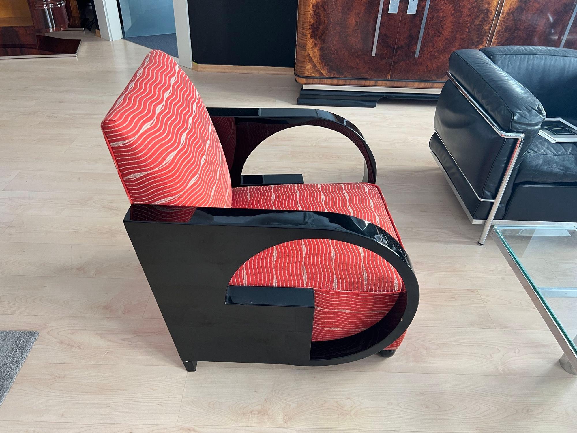 French Art Deco Club Chair, Black Lacquer and Red Fabric, France circa 1930 For Sale