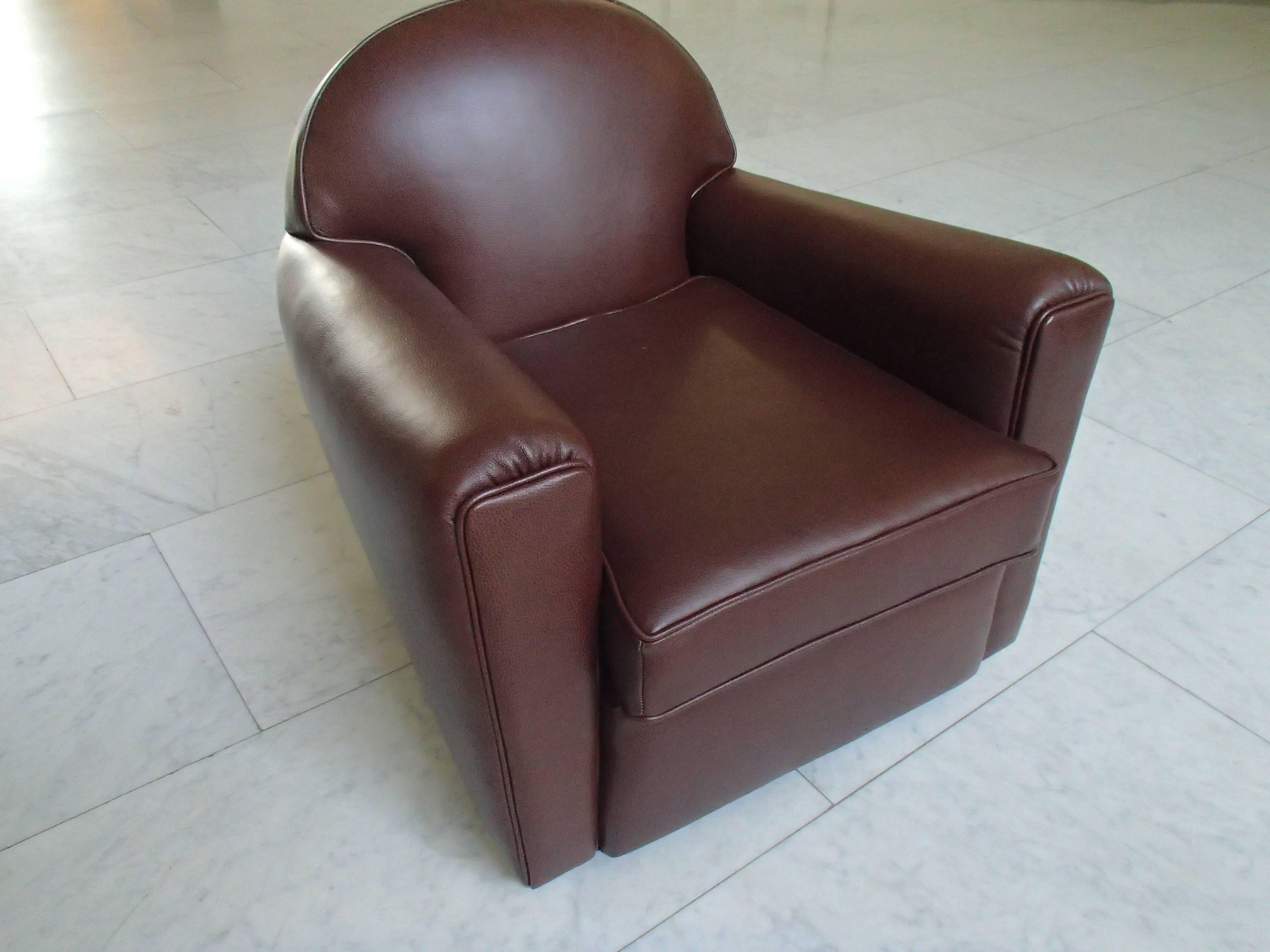 Art Deco club chair completely restored and recovered with brown leather.