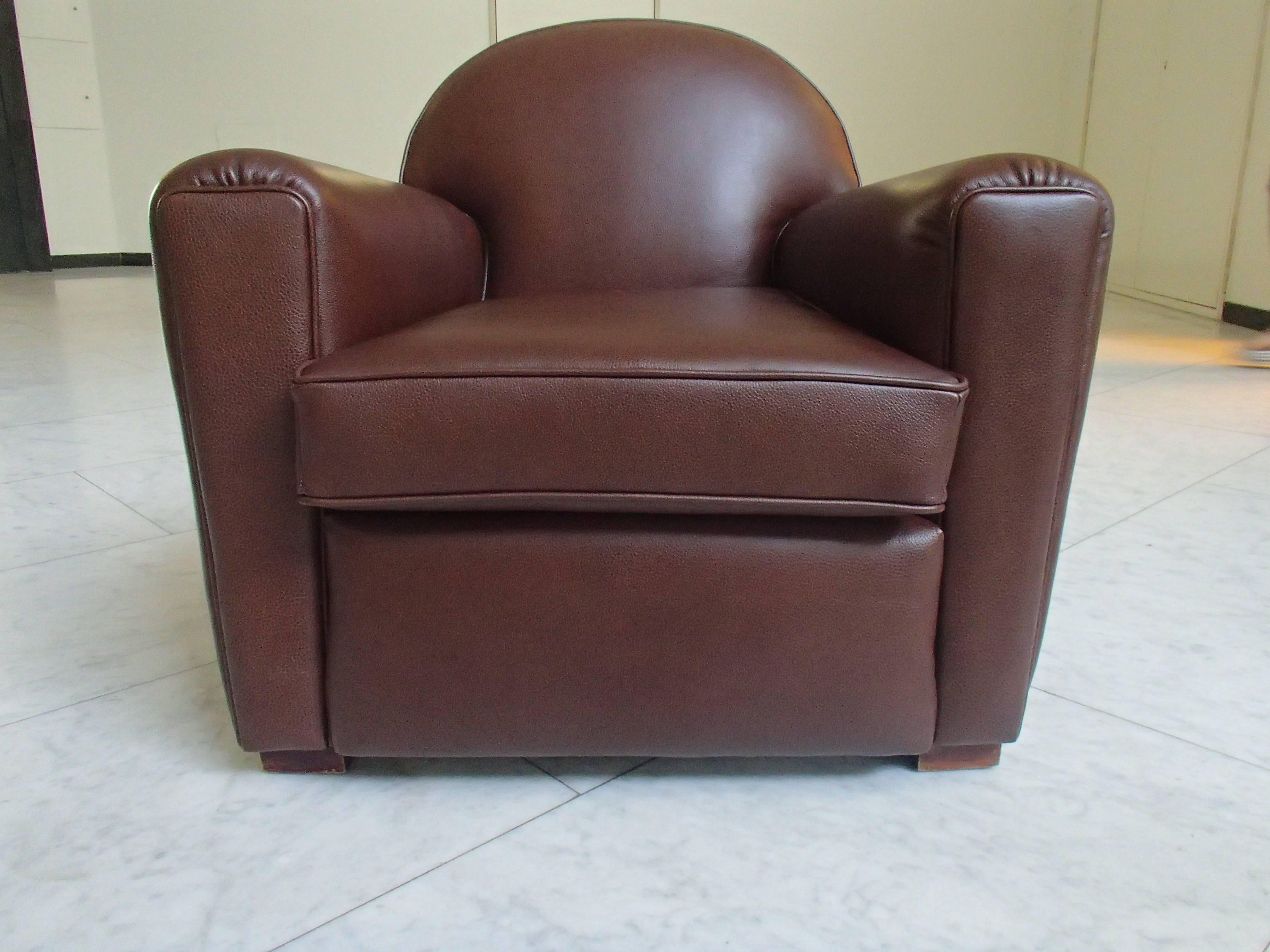 French Art Deco Club Chair Completely Restored and Recovered with Brown Leather For Sale