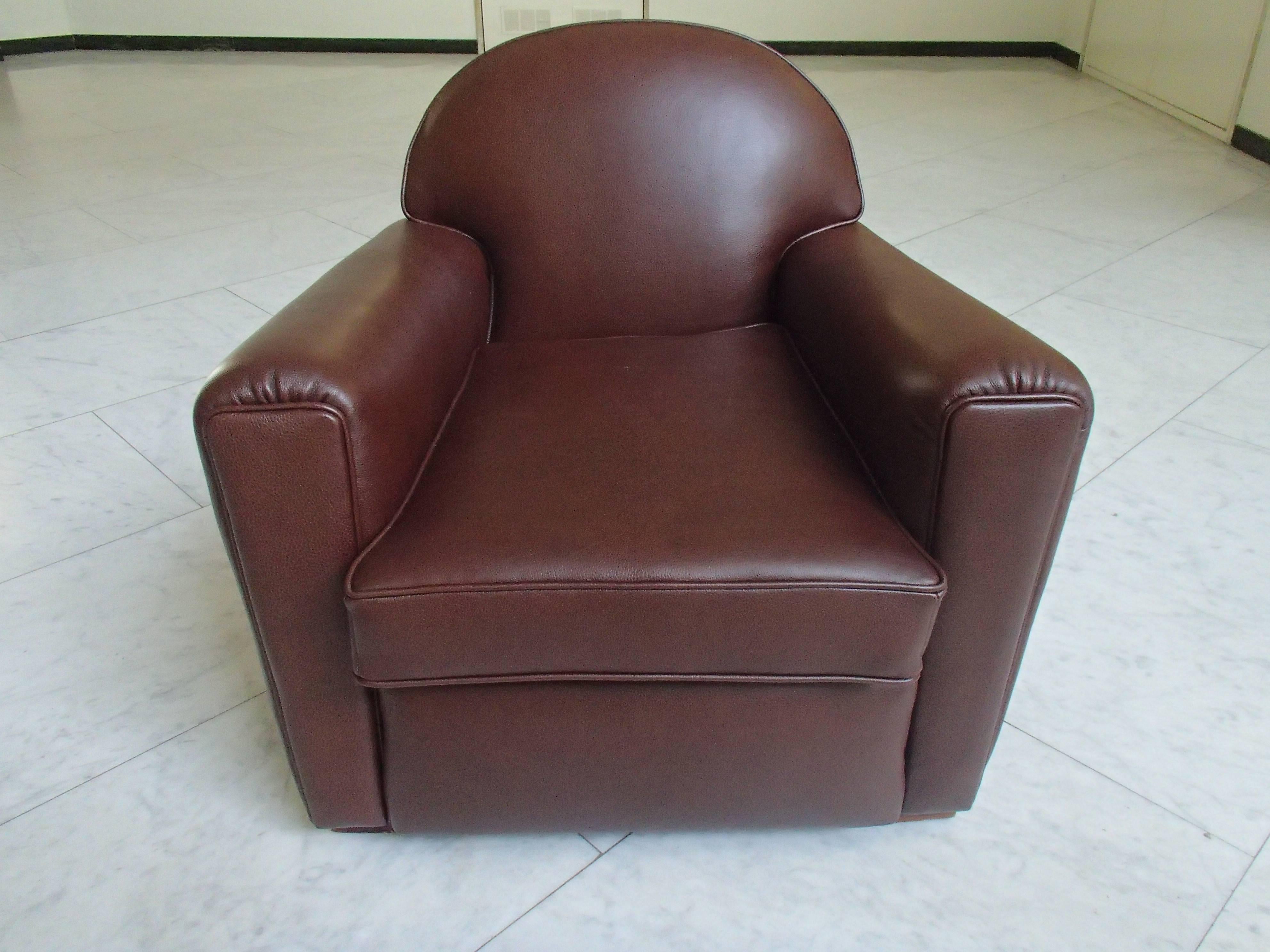 Mid-20th Century Art Deco Club Chair Completely Restored and Recovered with Brown Leather For Sale