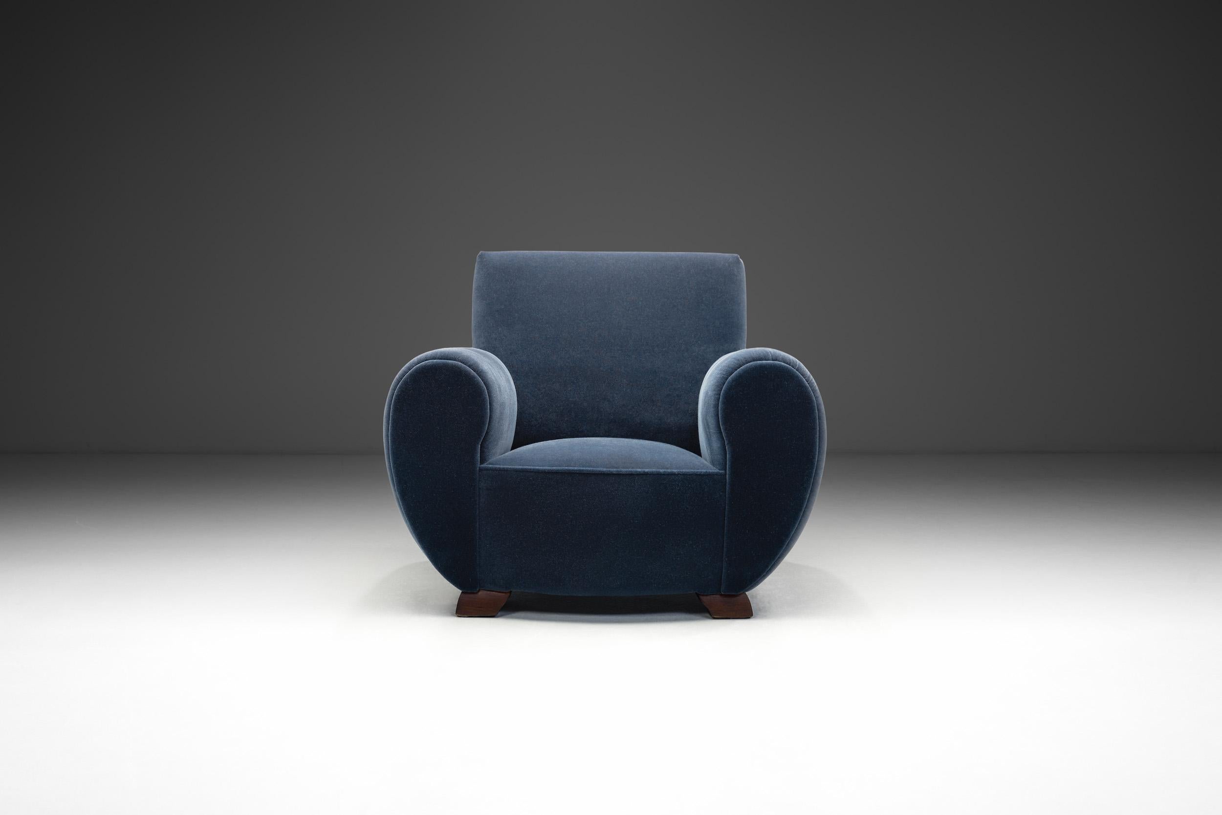 European Art Deco Club Chair in Dark Blue Mohair, Europe 1930s For Sale