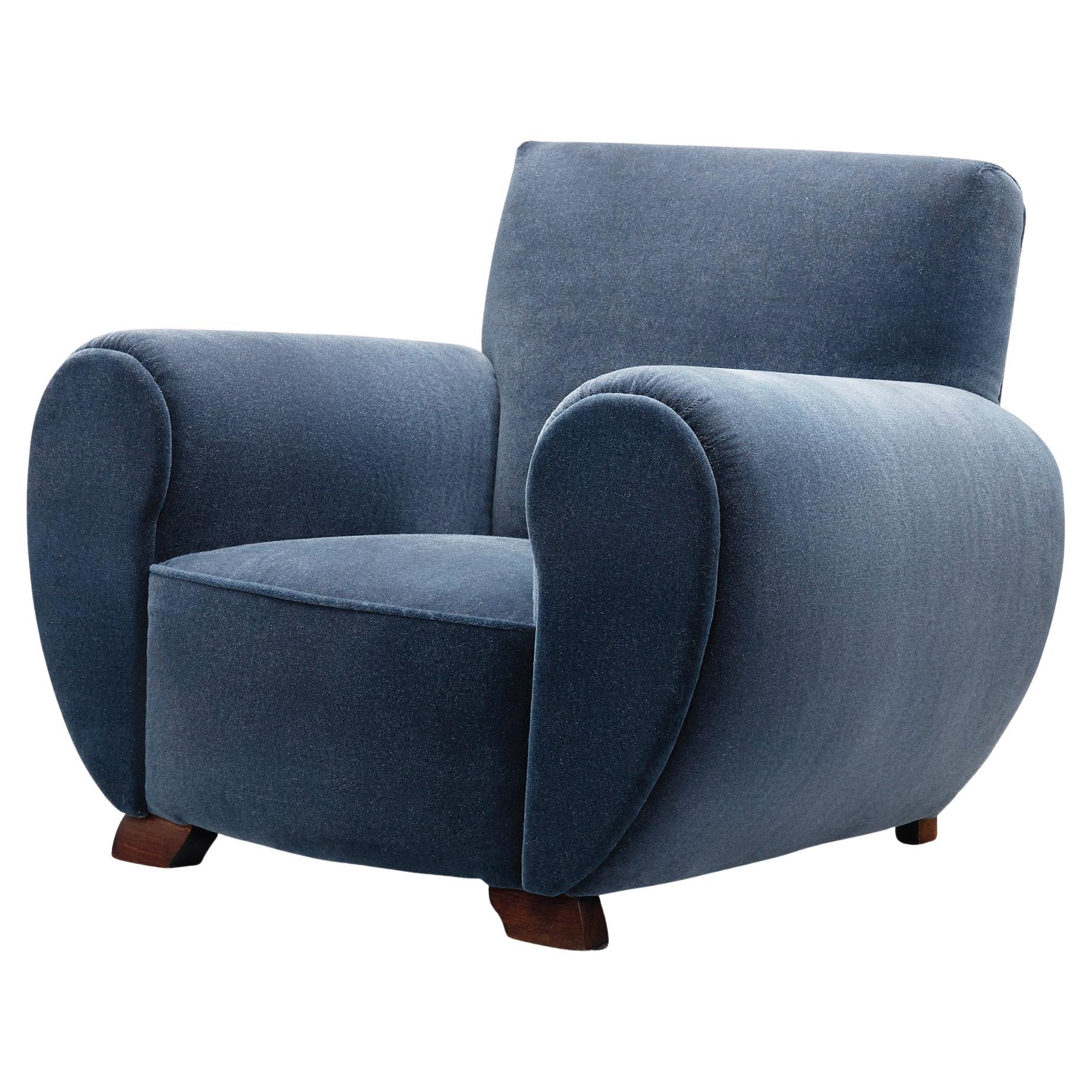 Art Deco Club Chair in Dark Blue Mohair, Europe 1930s