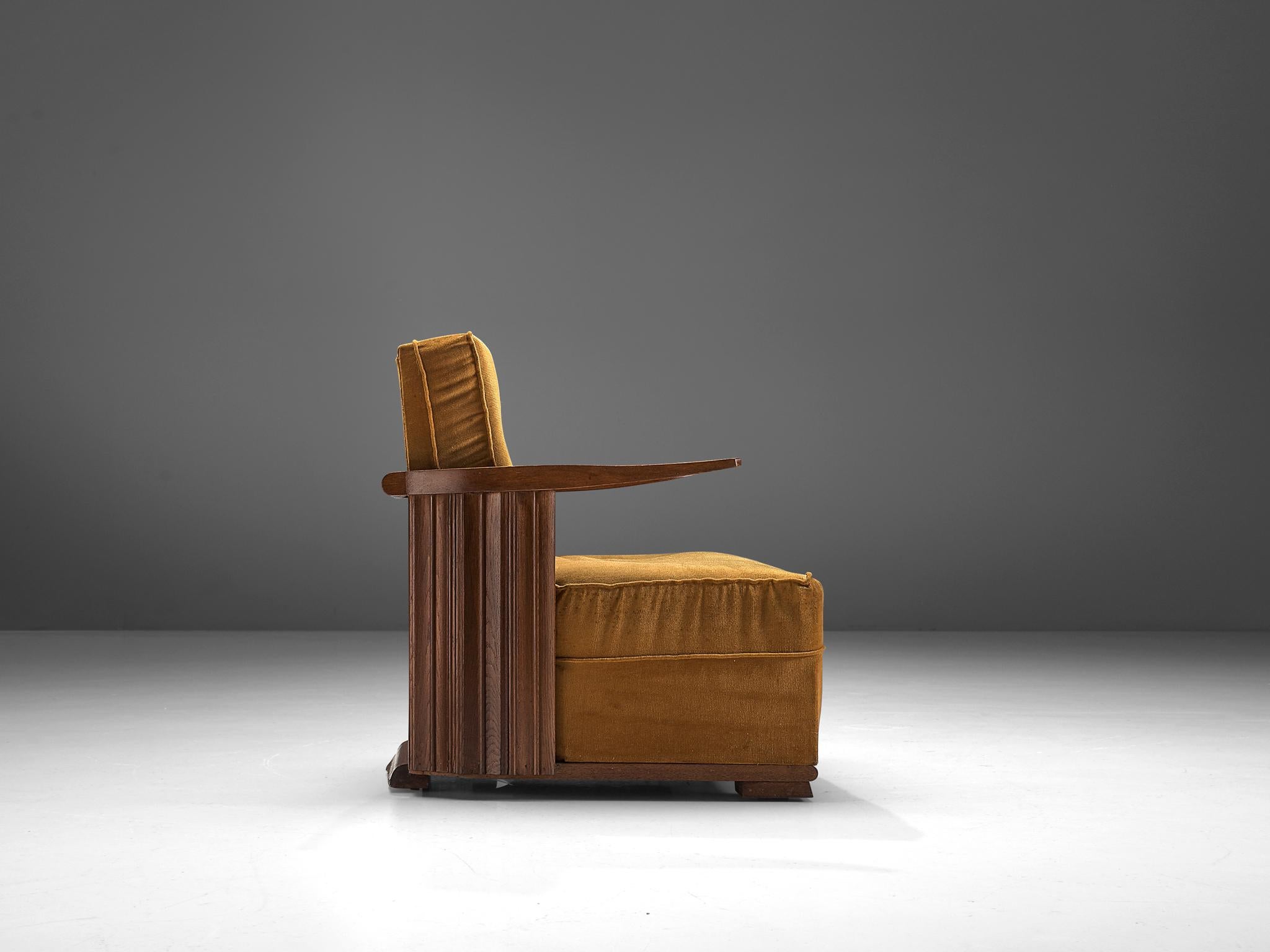 French Art Deco Club Chair in Ocre Velvet and Oak