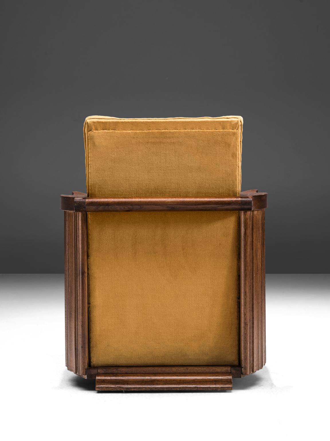 Early 20th Century Art Deco Club Chair in Ocre Velvet and Oak