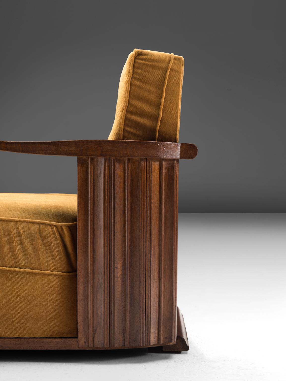 Art Deco Club Chair in Ocre Velvet and Oak 1