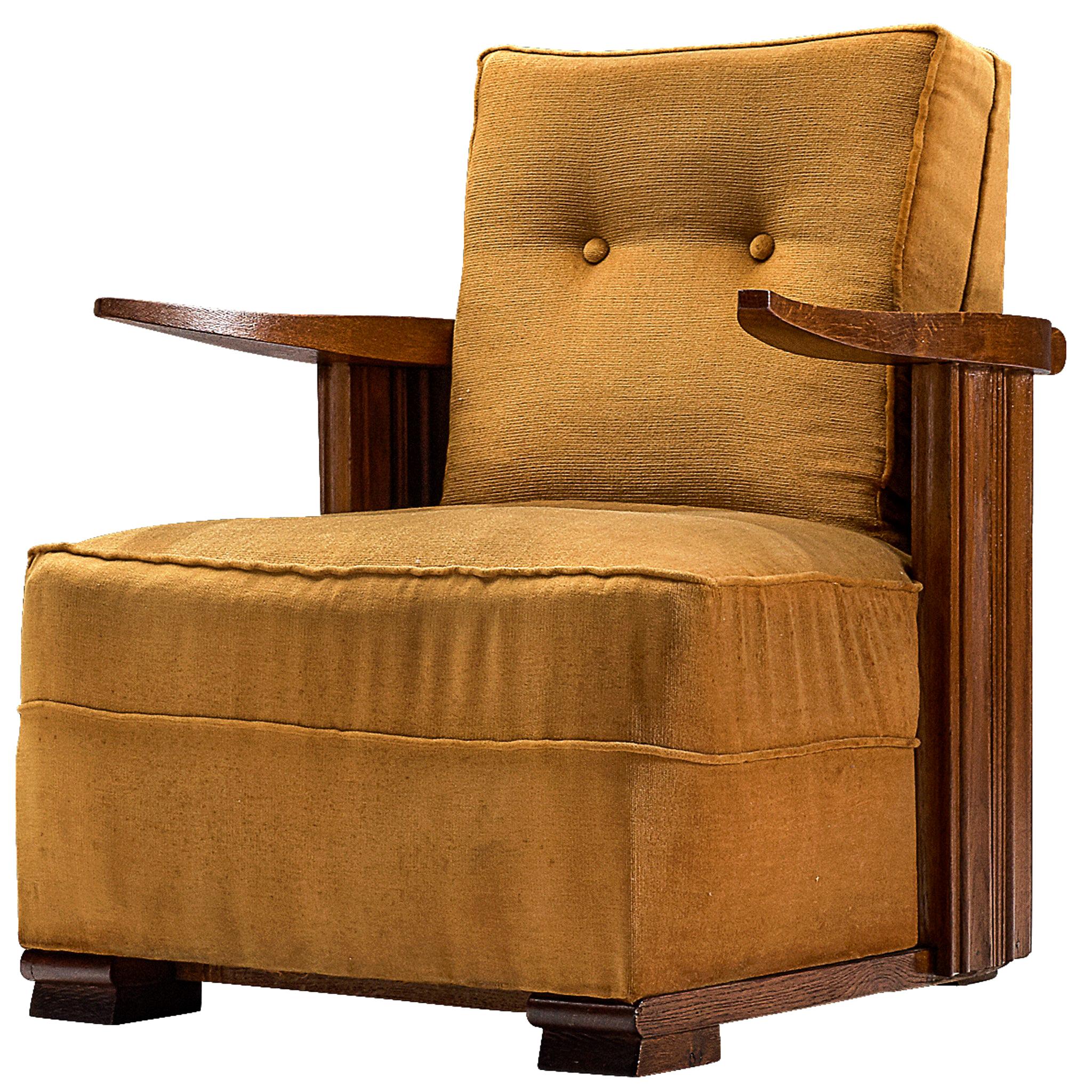 Art Deco Club Chair in Ocre Velvet and Oak