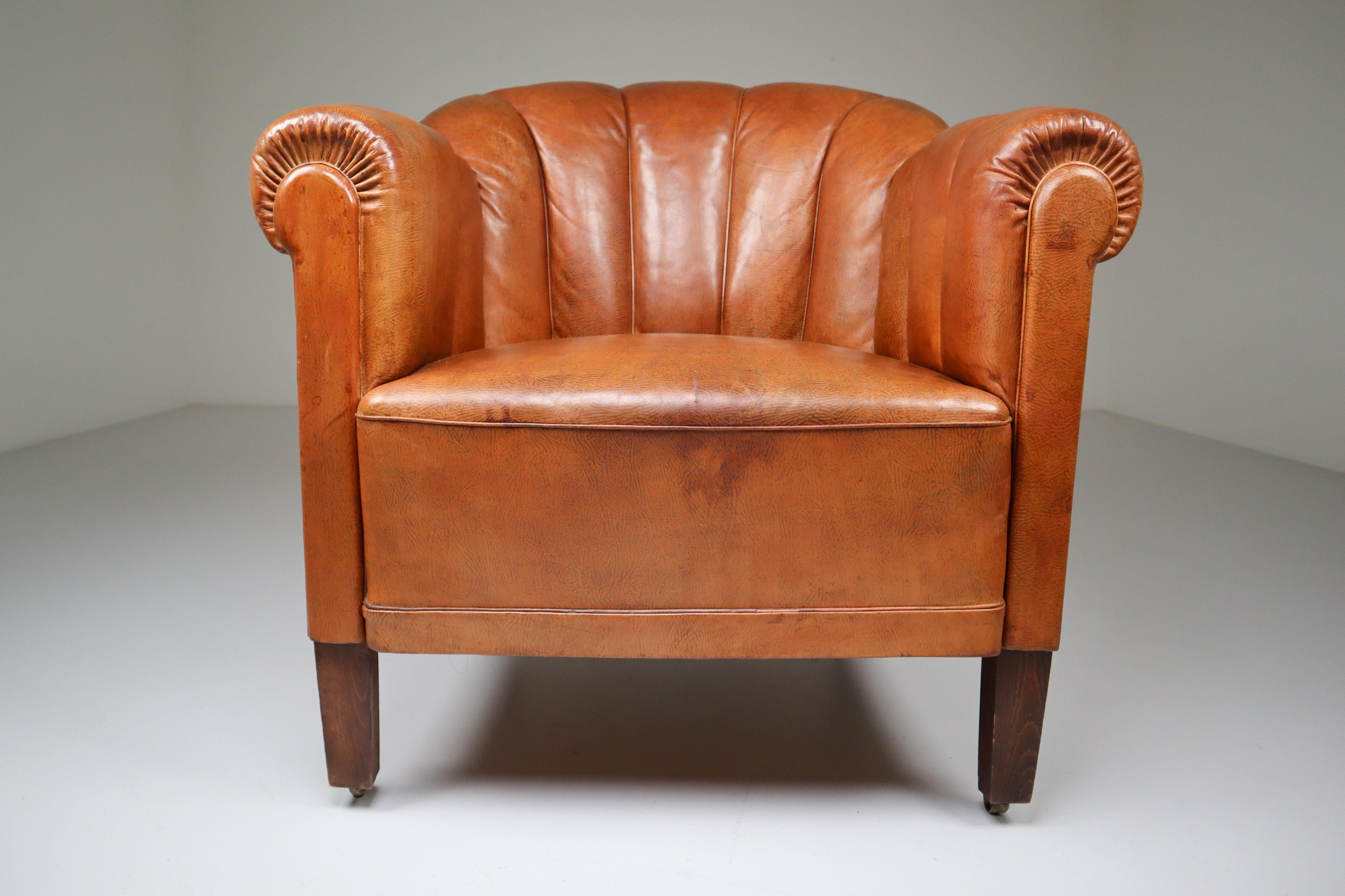 Czech Art Deco Club Chair in Patinated Cognac Leather, Praque, 1930s