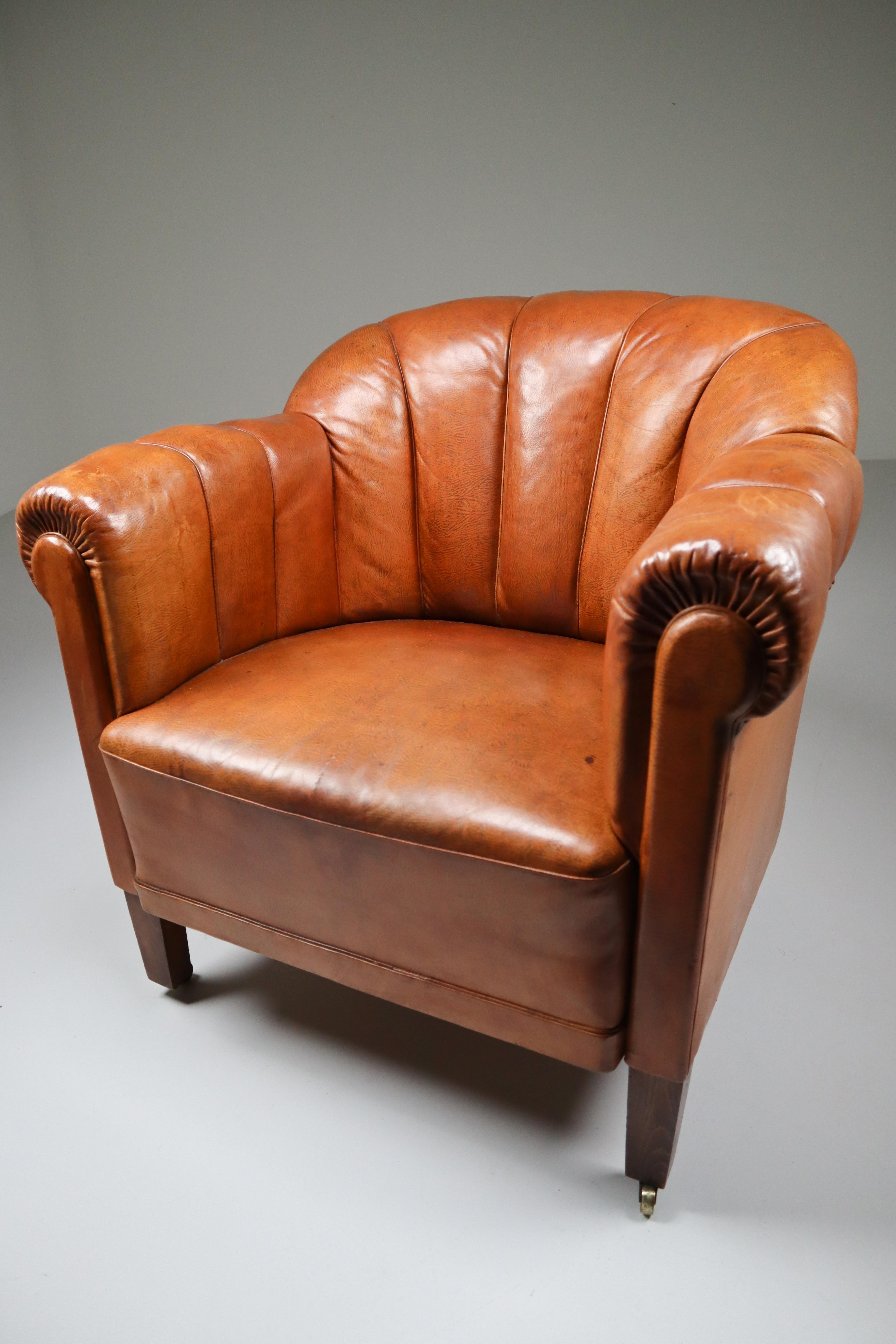 Art Deco Club Chair in Patinated Cognac Leather, Praque, 1930s In Good Condition In Almelo, NL