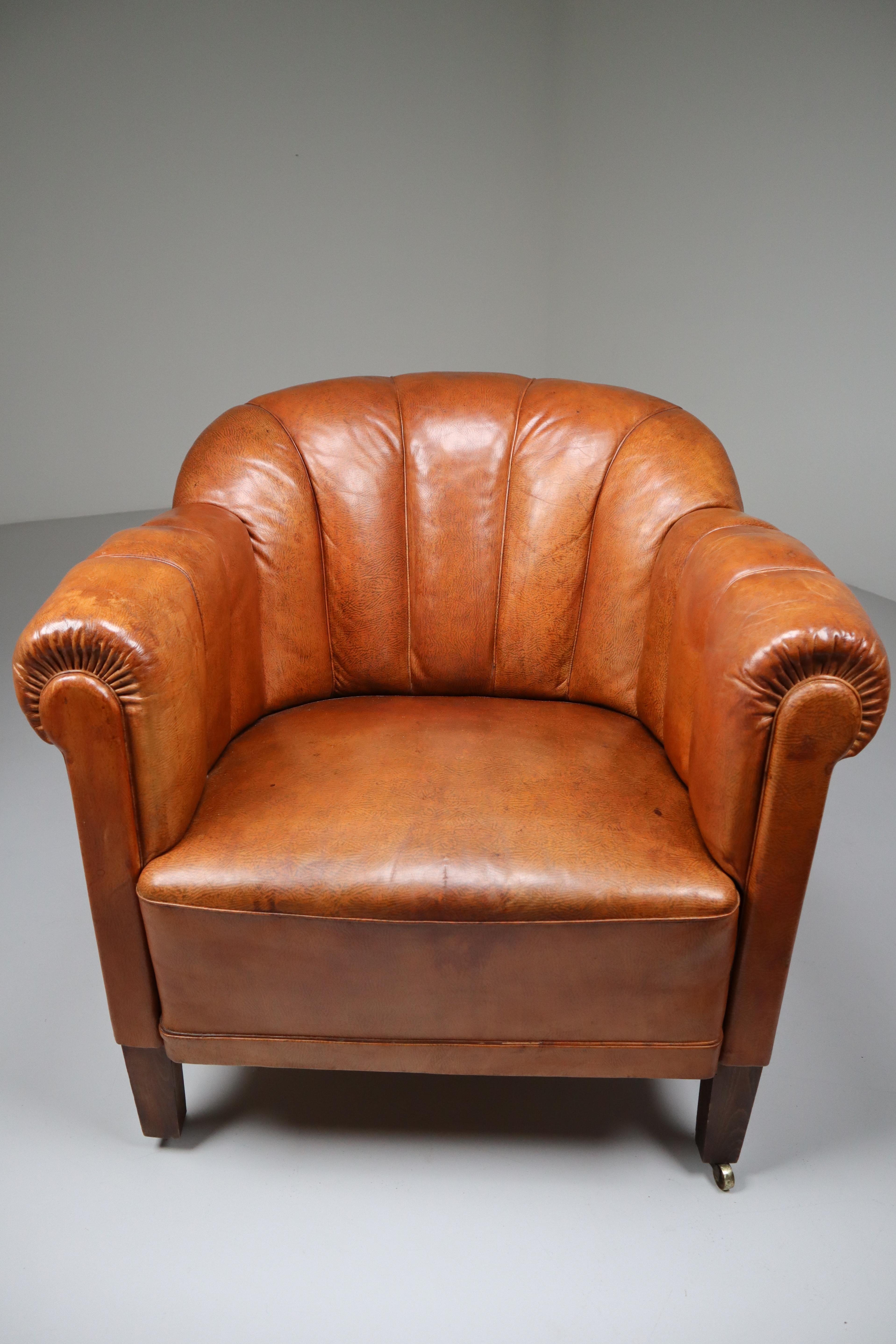 20th Century Art Deco Club Chair in Patinated Cognac Leather, Praque, 1930s