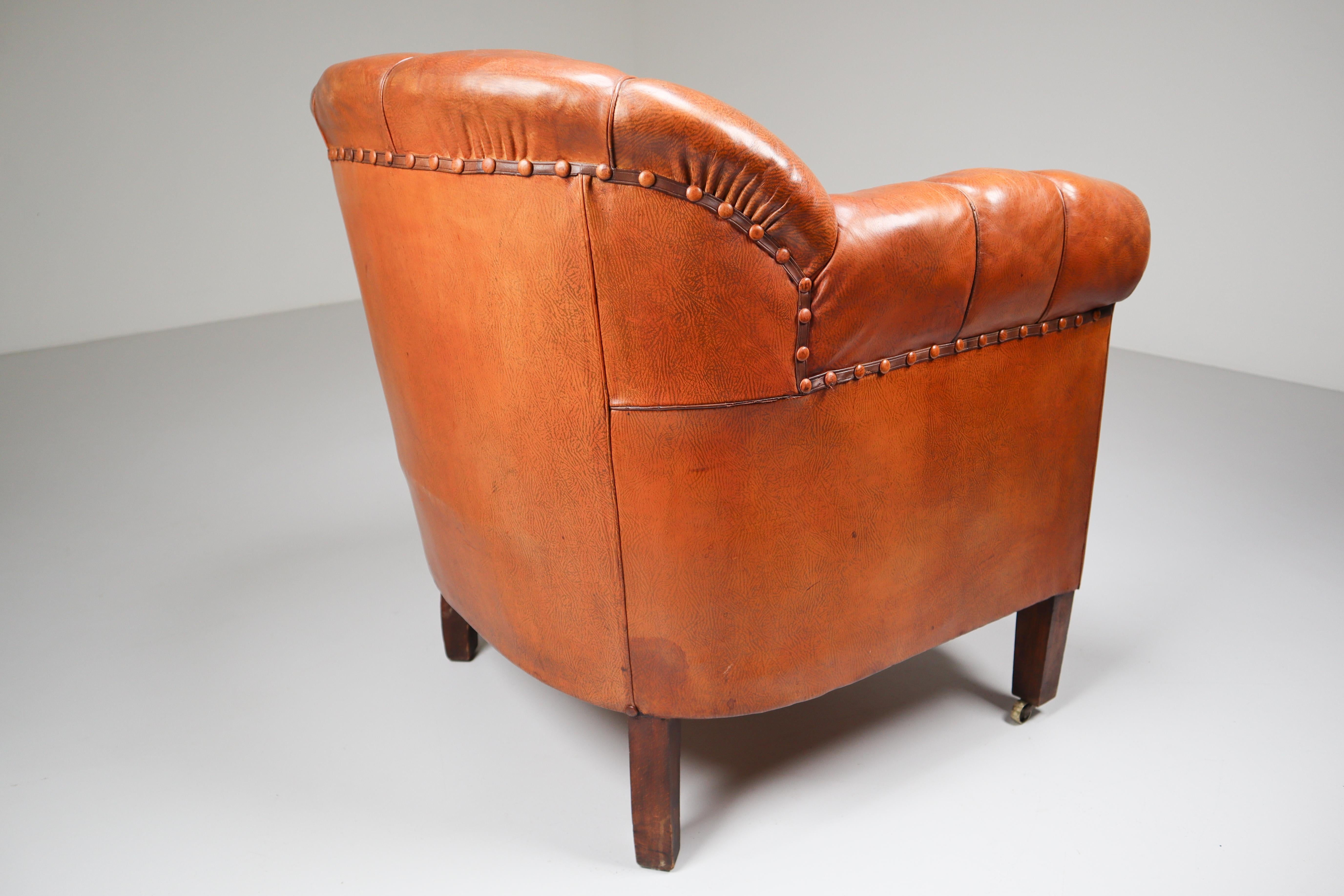 Art Deco Club Chair in Patinated Cognac Leather, Praque, 1930s 1