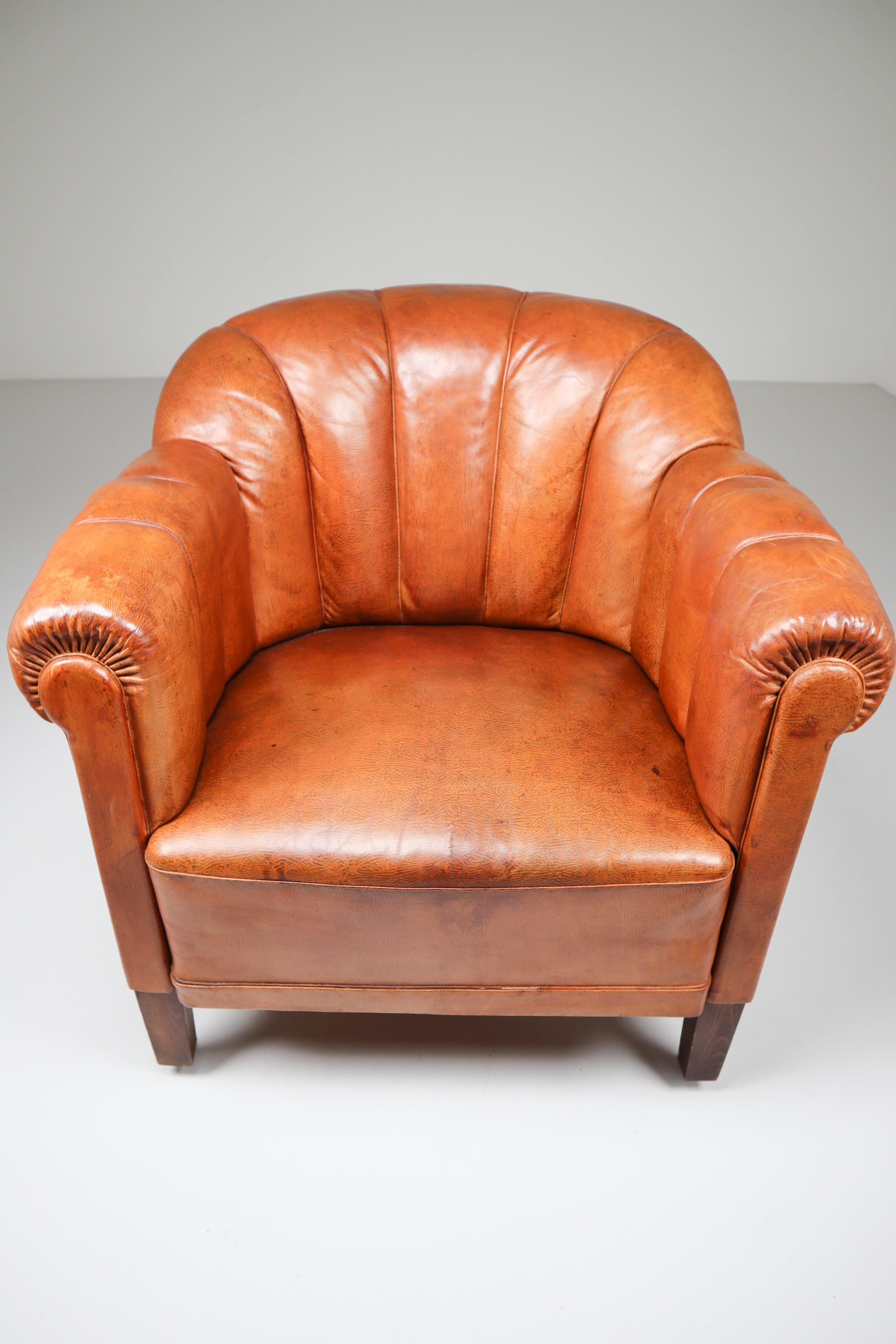 Art Deco Club Chair in Patinated Cognac Leather, Praque, 1930s 4