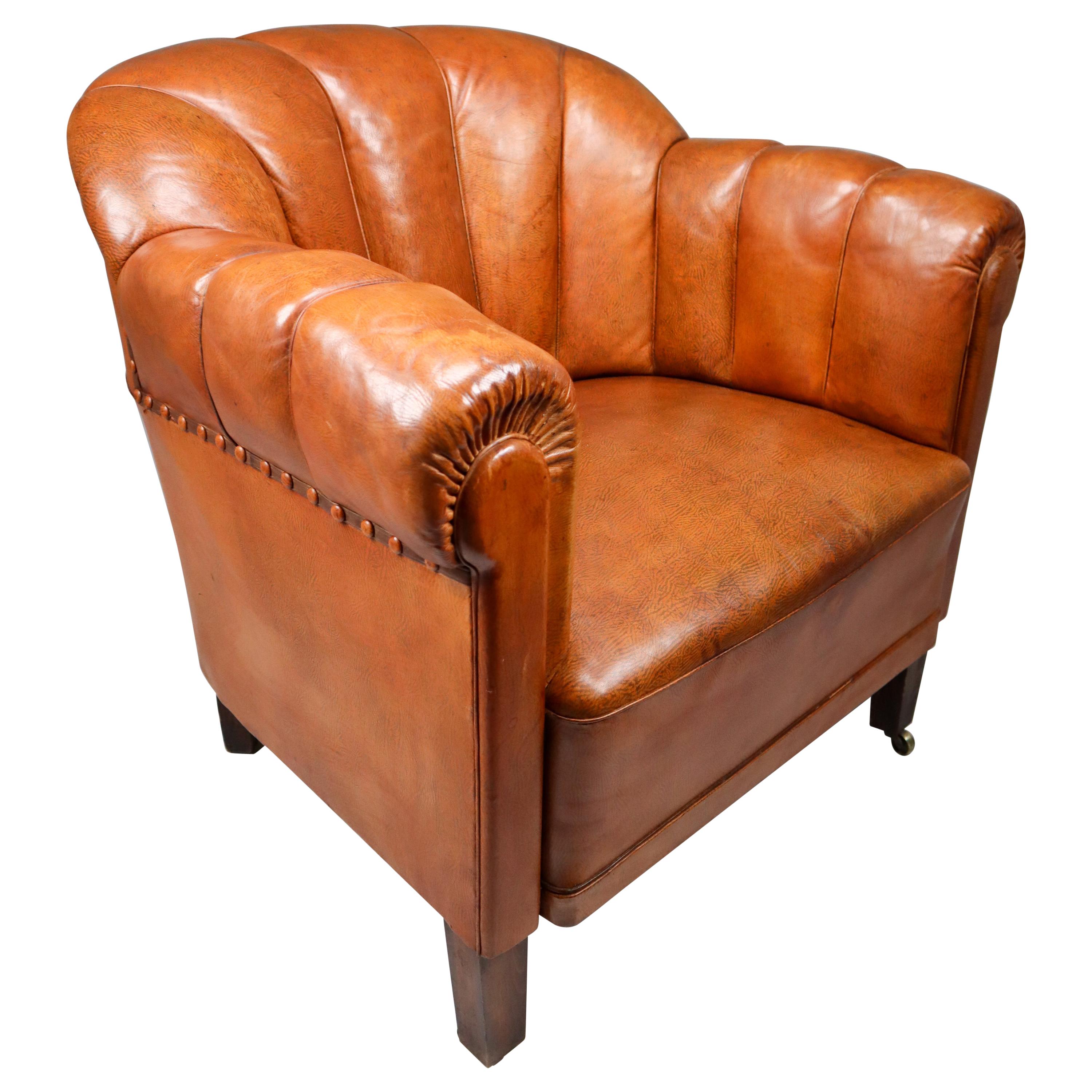 Art Deco Club Chair in Patinated Cognac Leather, Praque, 1930s