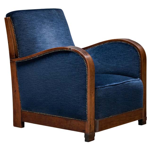 Antique slipper rocking chair in cherrywood and blue velvet, late 19th ...
