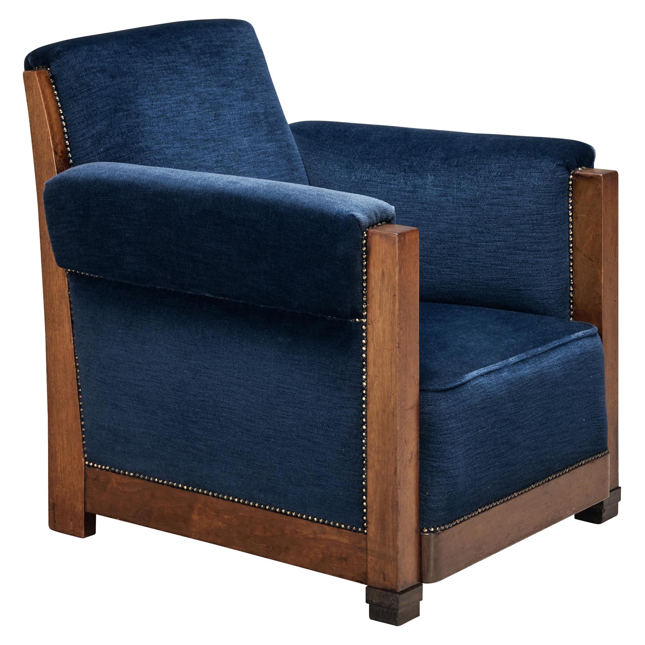 Silla Club Art Decó en nogal y terciopelo azul