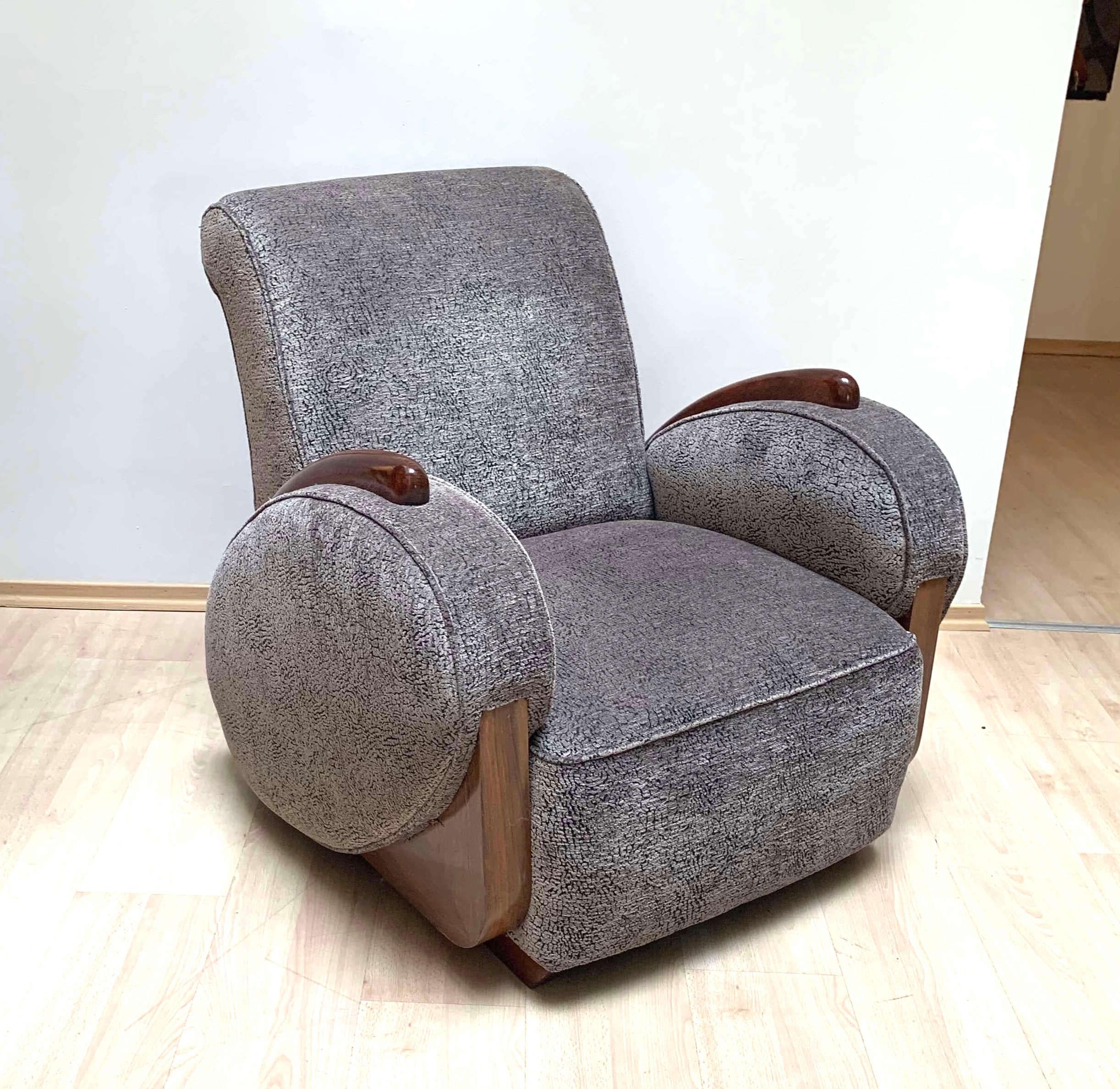 Poli Fauteuil club Art déco, noyer, Beeche, velours gris, France, vers 1925 en vente