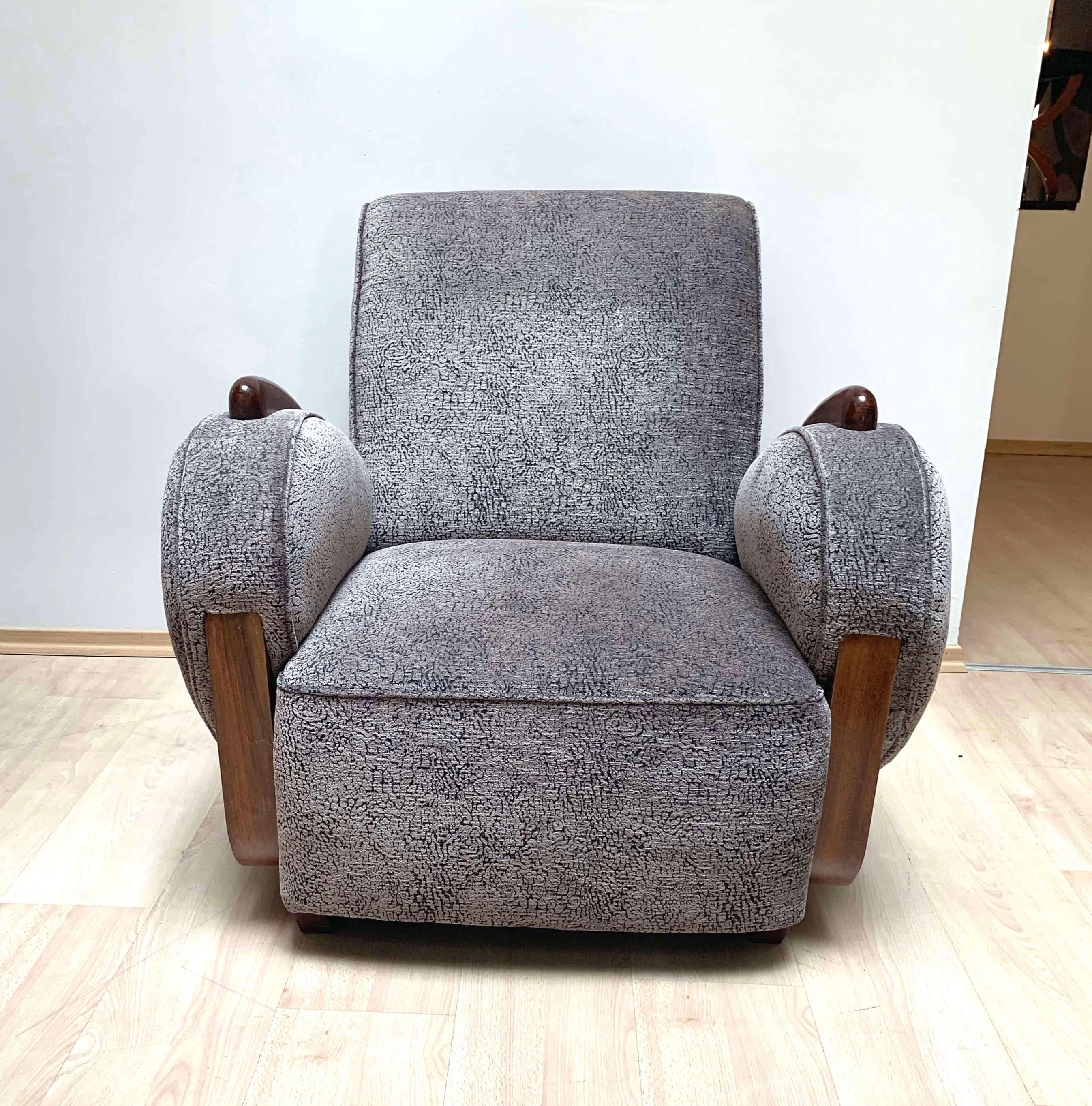 French Art Deco Club Chair, Walnut, Beech, Grey Velvet, France, circa 1925
