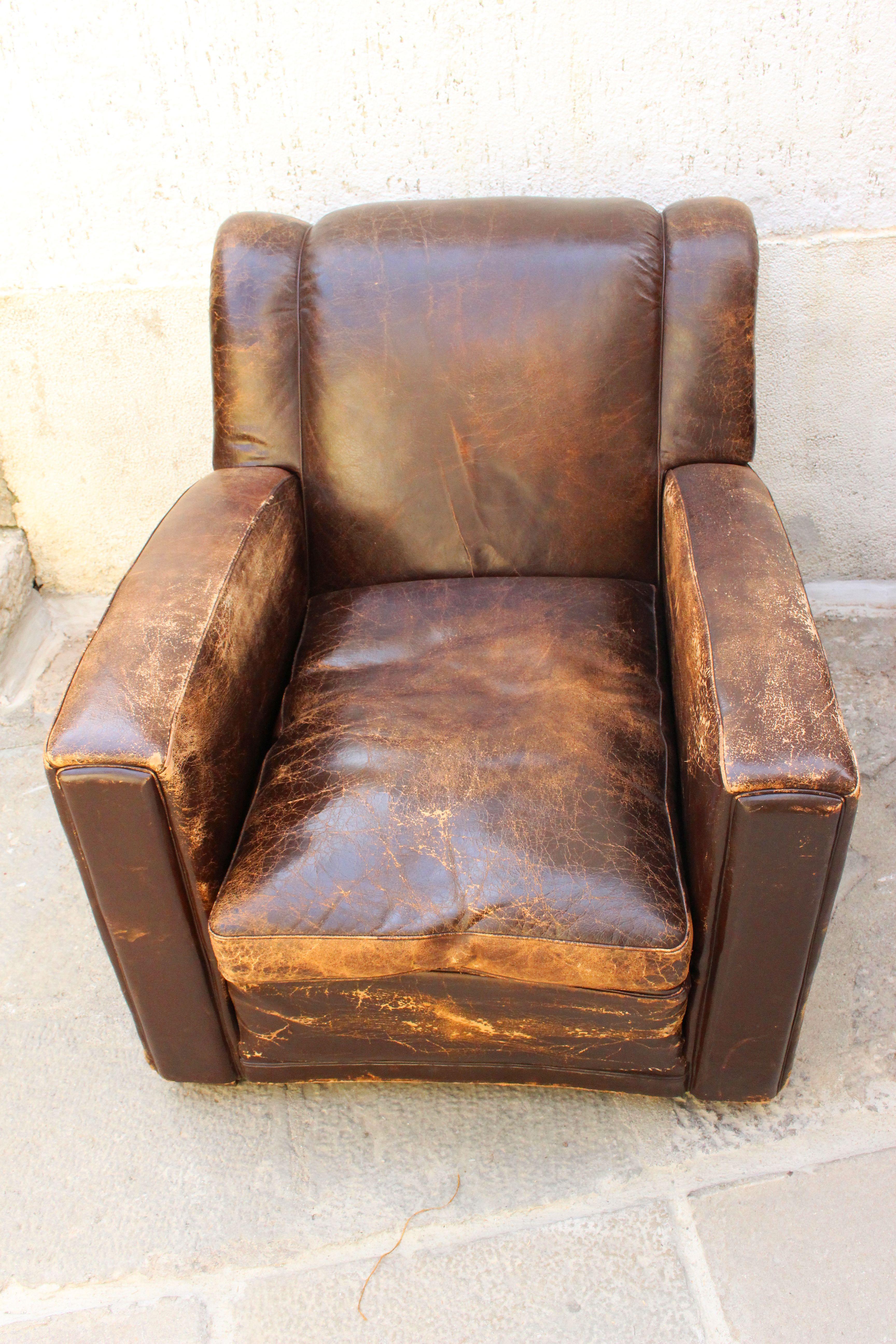 Art Deco Club Chairs Attributed to Poltrona Frau In Distressed Condition In Los Angeles, CA