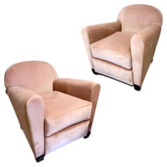 Fauteuils de salon Art déco signés Jules Leleu, velours rose poudré, design français des années 1930