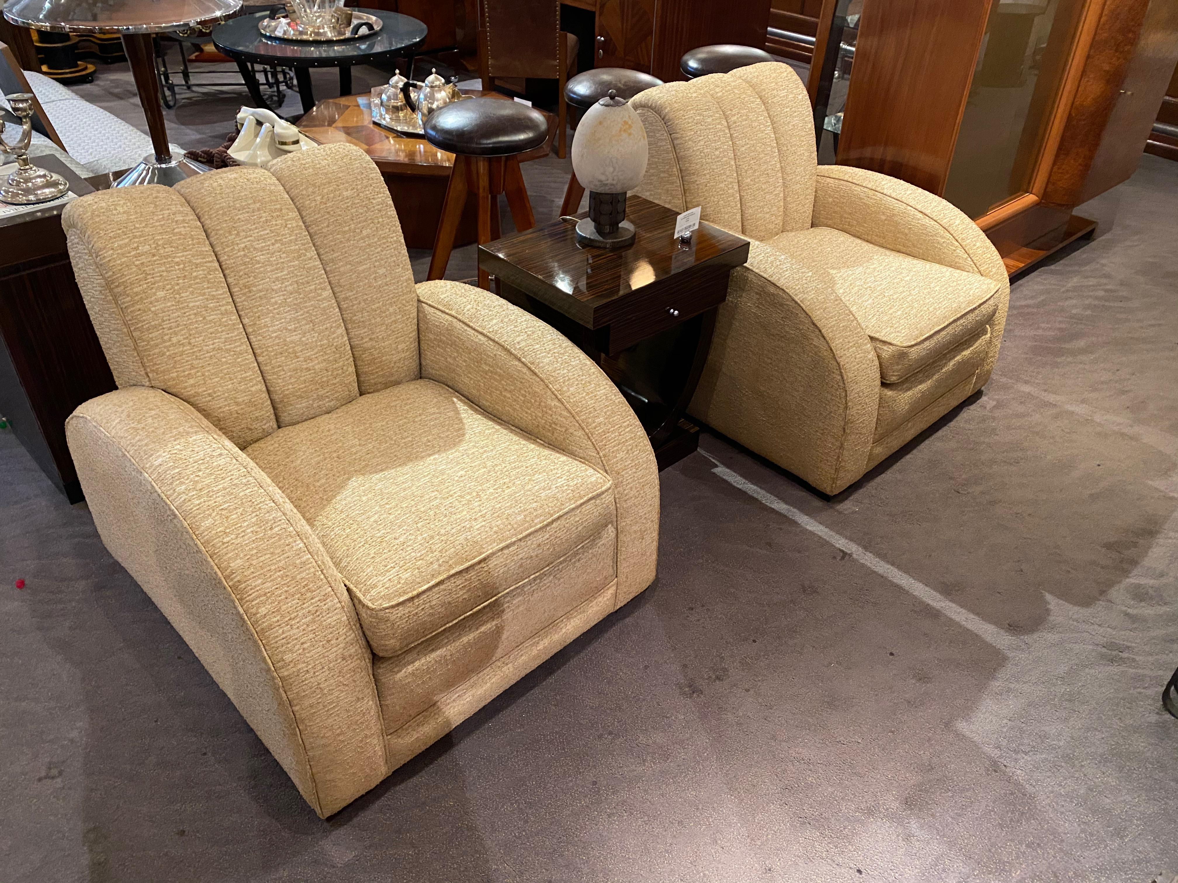 Art Deco Jazz club chairs in the style of Paul T.Frankl speed chairs. Great size and comfortable channel back design. This is one of my favorite shapes and sizes. Great over-size look but relatively small in size. Designed in the 1930s shown here