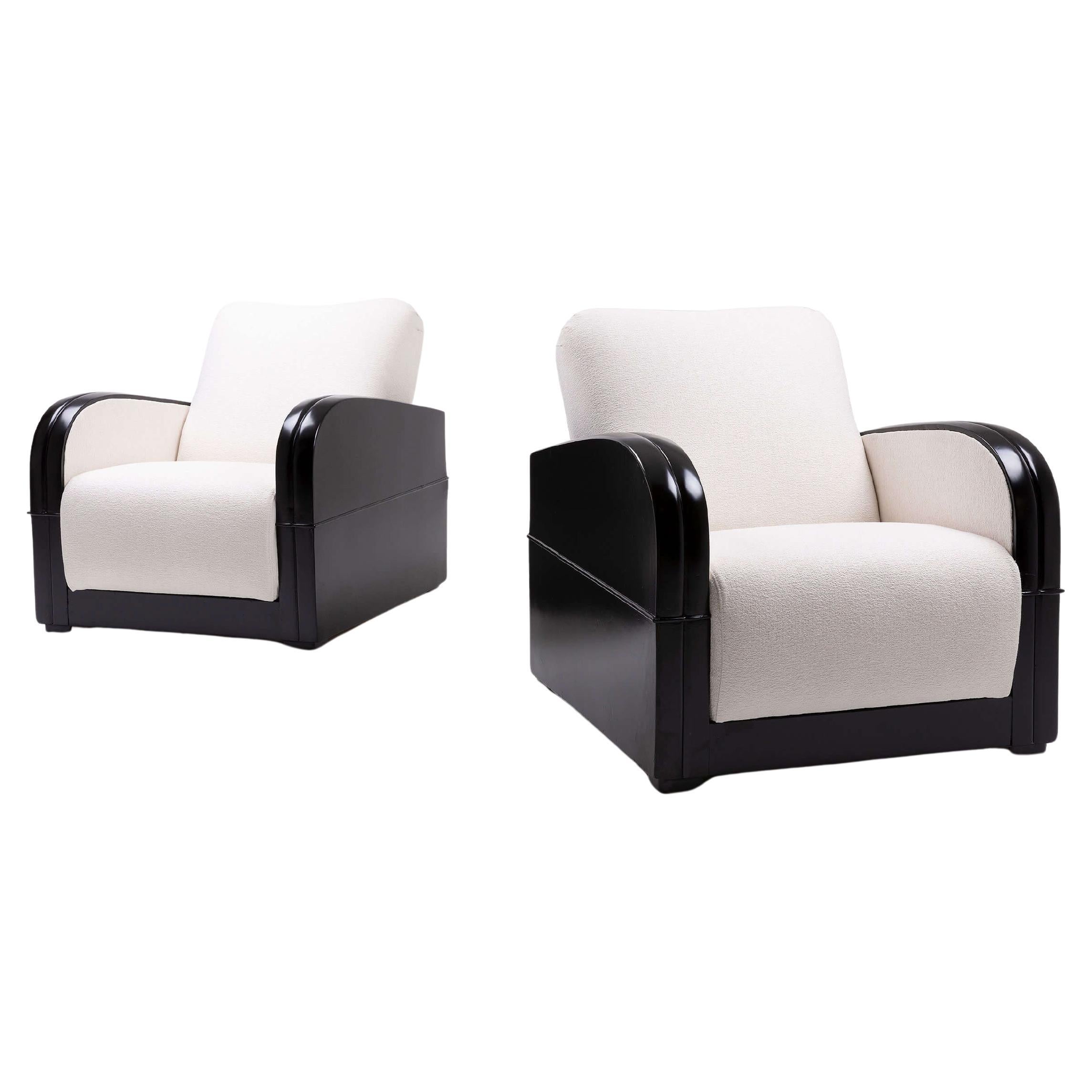 Art Deco Club Chairs in Black Lacquer with French Bouclé Upholstery, 1930 en vente