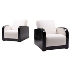 Art Deco Club Chairs in Black Lacquer with French Bouclé Upholstery, 1930