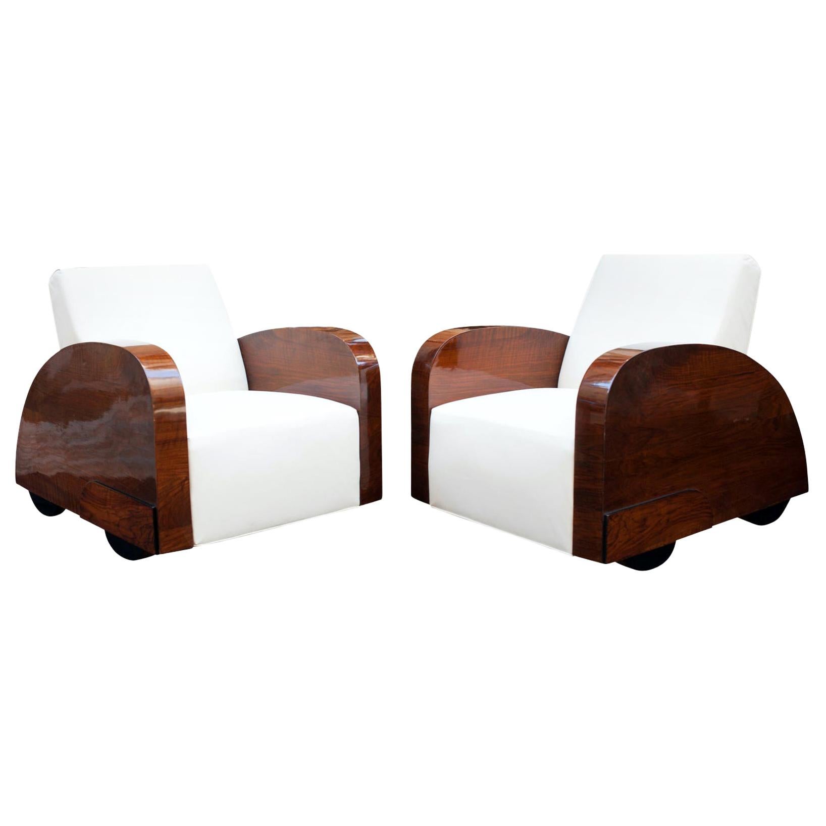 Art Deco Club Chairs in Car Shape, Pair, France, circa 1925