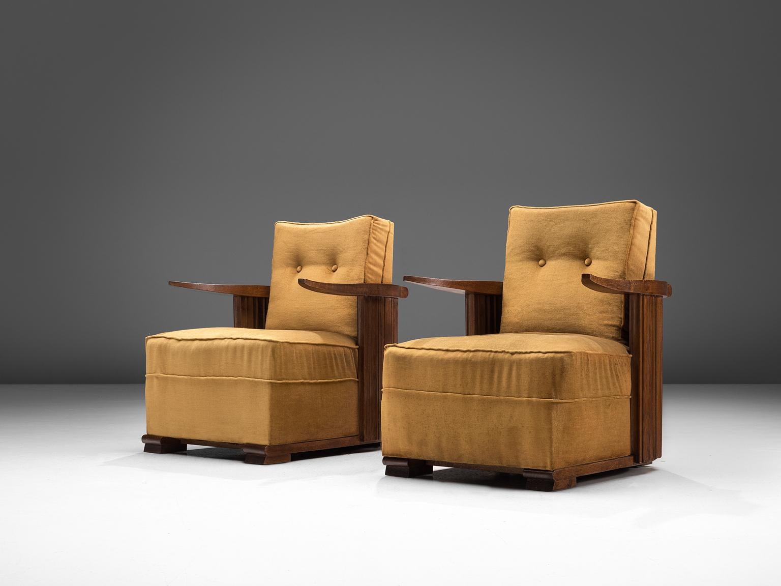 French Art Deco Club Chairs in Ocre Velvet and Oak