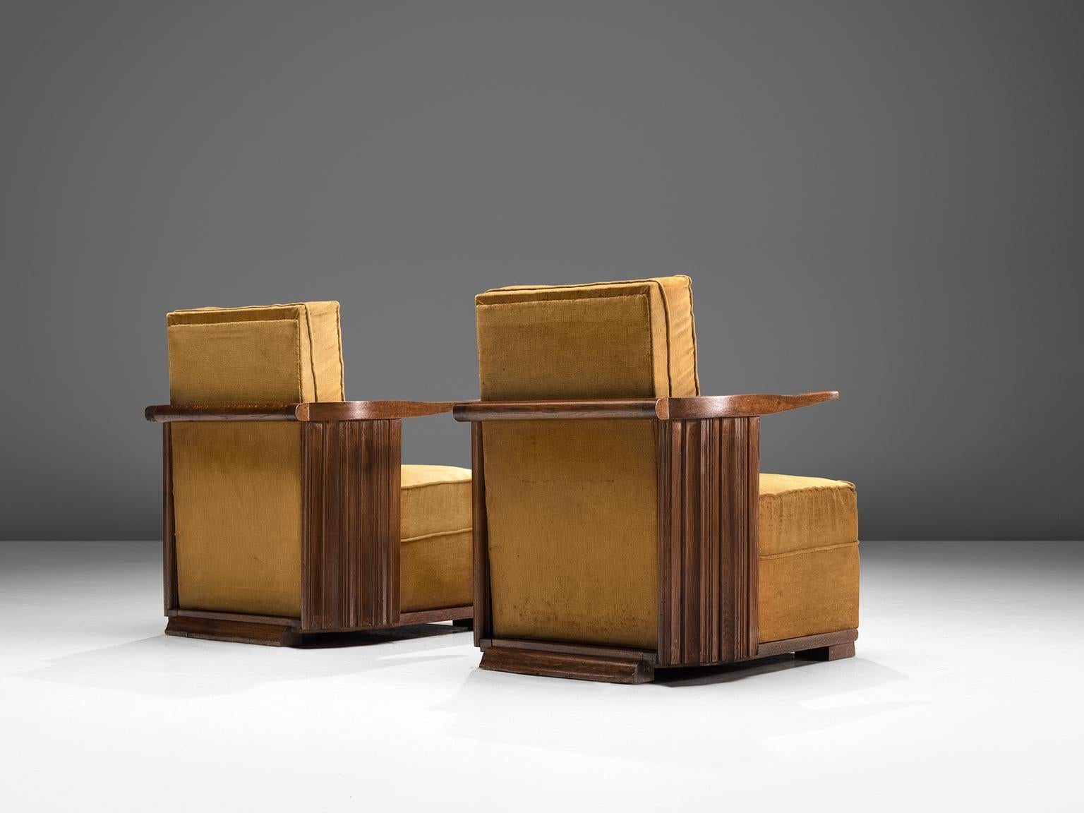 Art Deco Club Chairs in Ocre Velvet and Oak In Good Condition In Waalwijk, NL