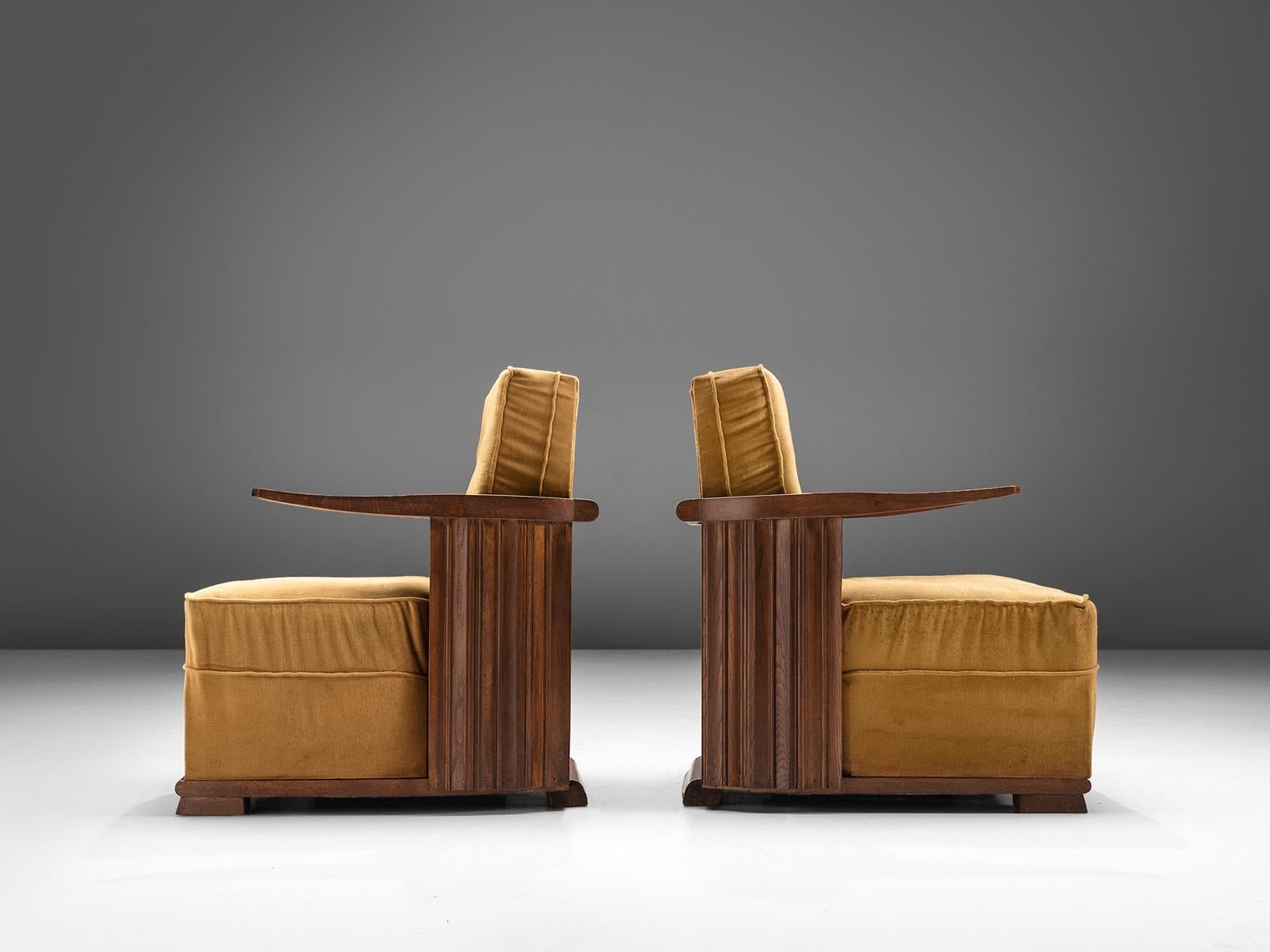 Early 20th Century Art Deco Club Chairs in Ocre Velvet and Oak