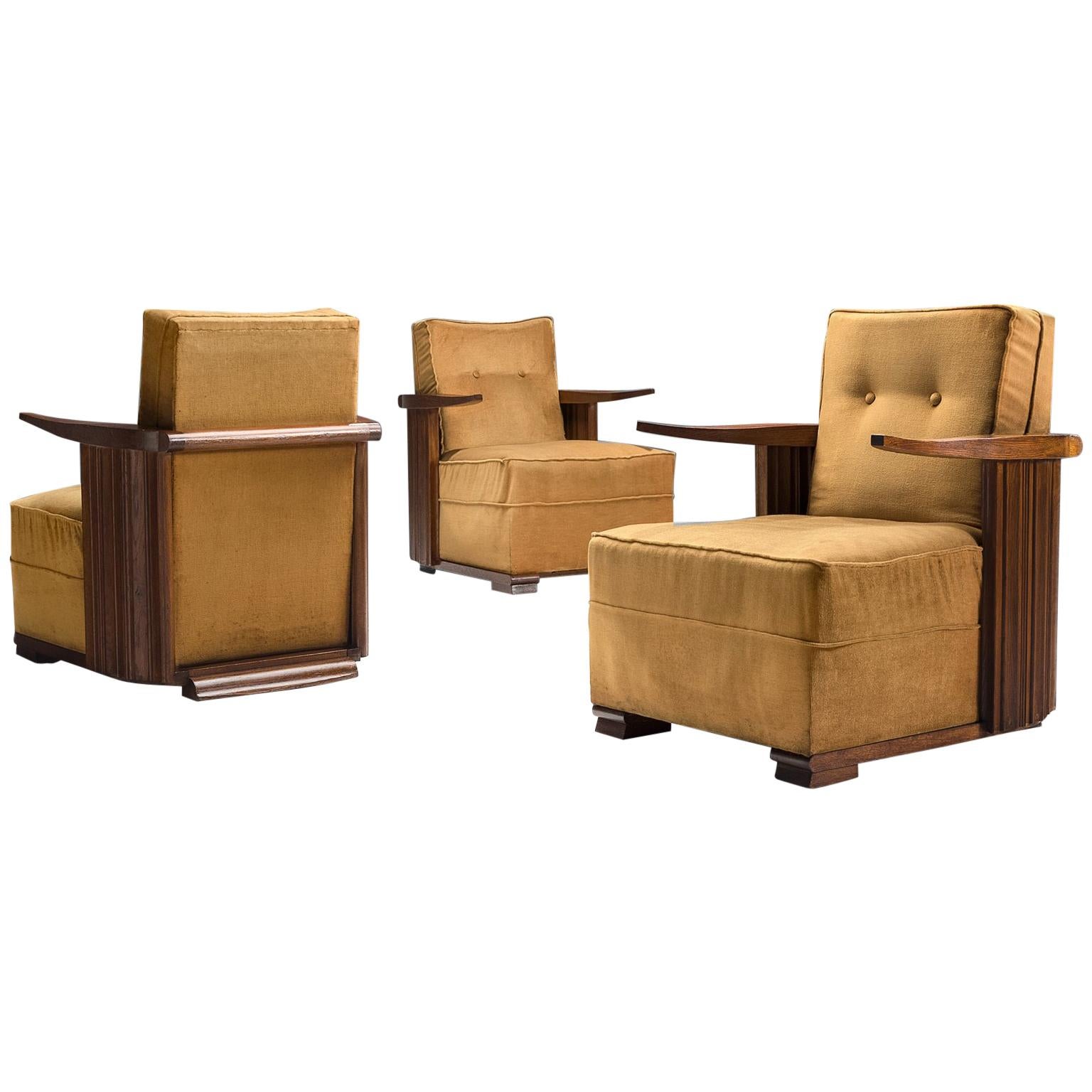 Art Deco Club Chairs in Ocre Velvet and Oak