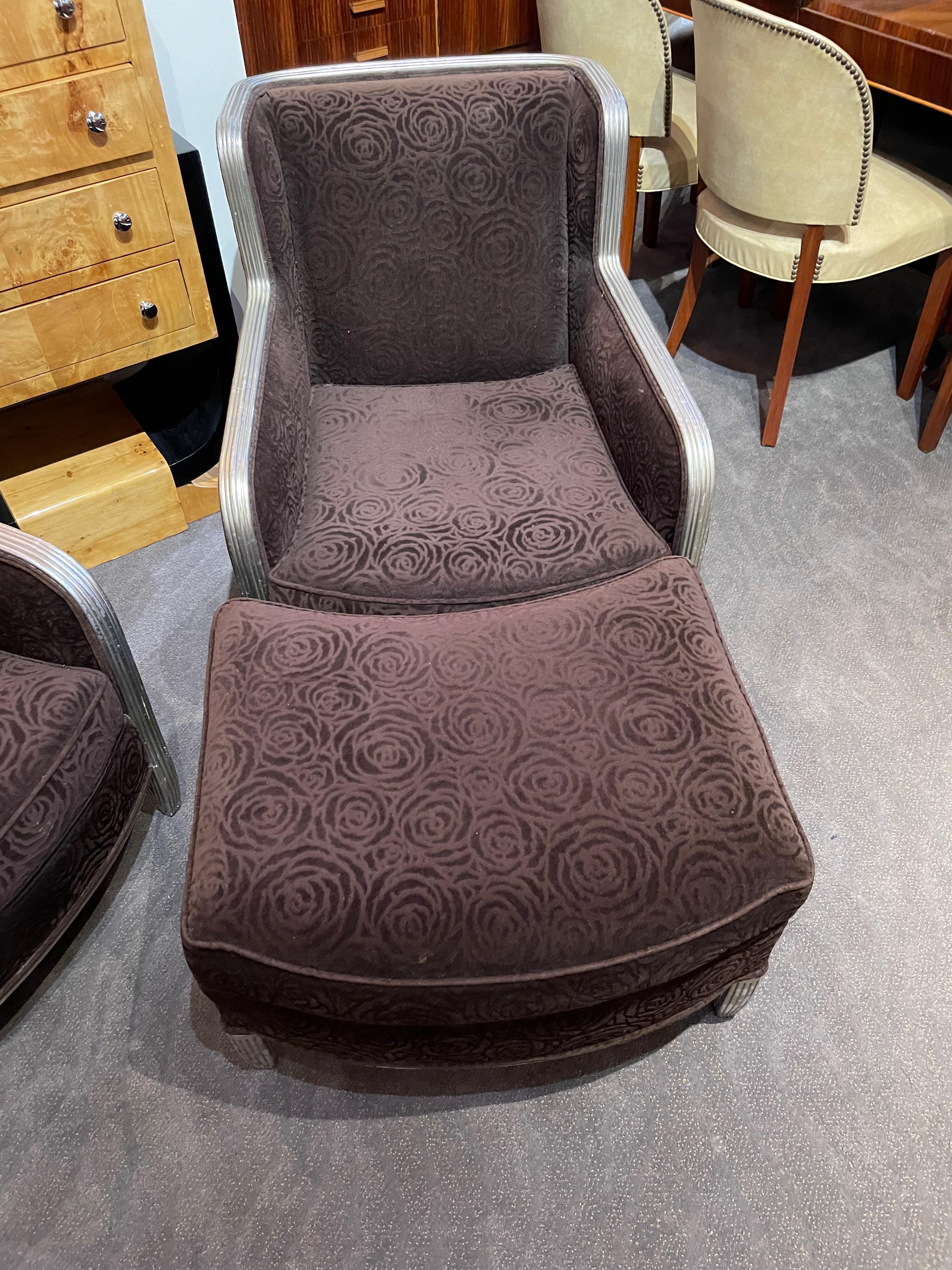 American Art Deco Club Chairs with Footrest Mohair Fabric For Sale