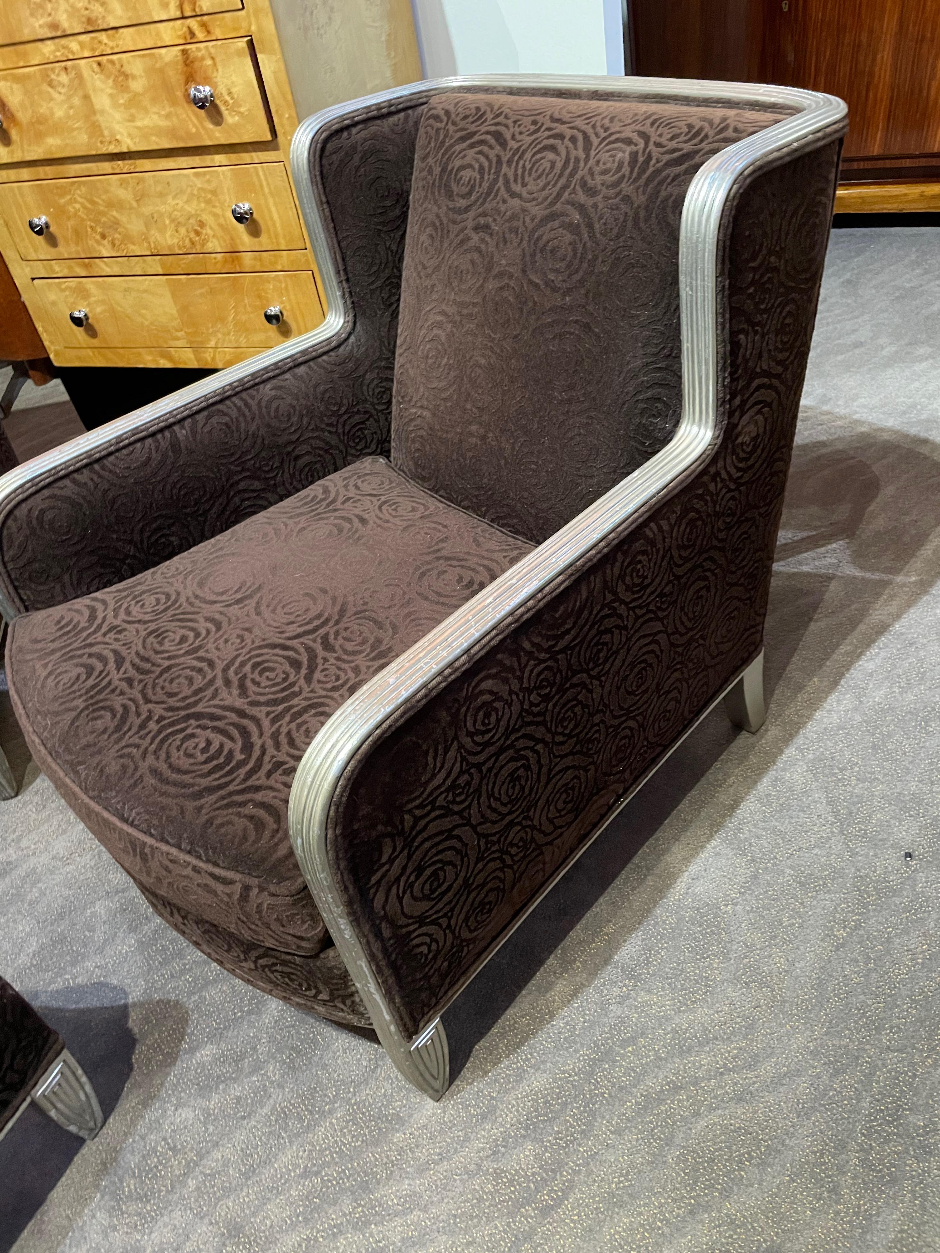 Contemporary Art Deco Club Chairs with Footrest Mohair Fabric For Sale