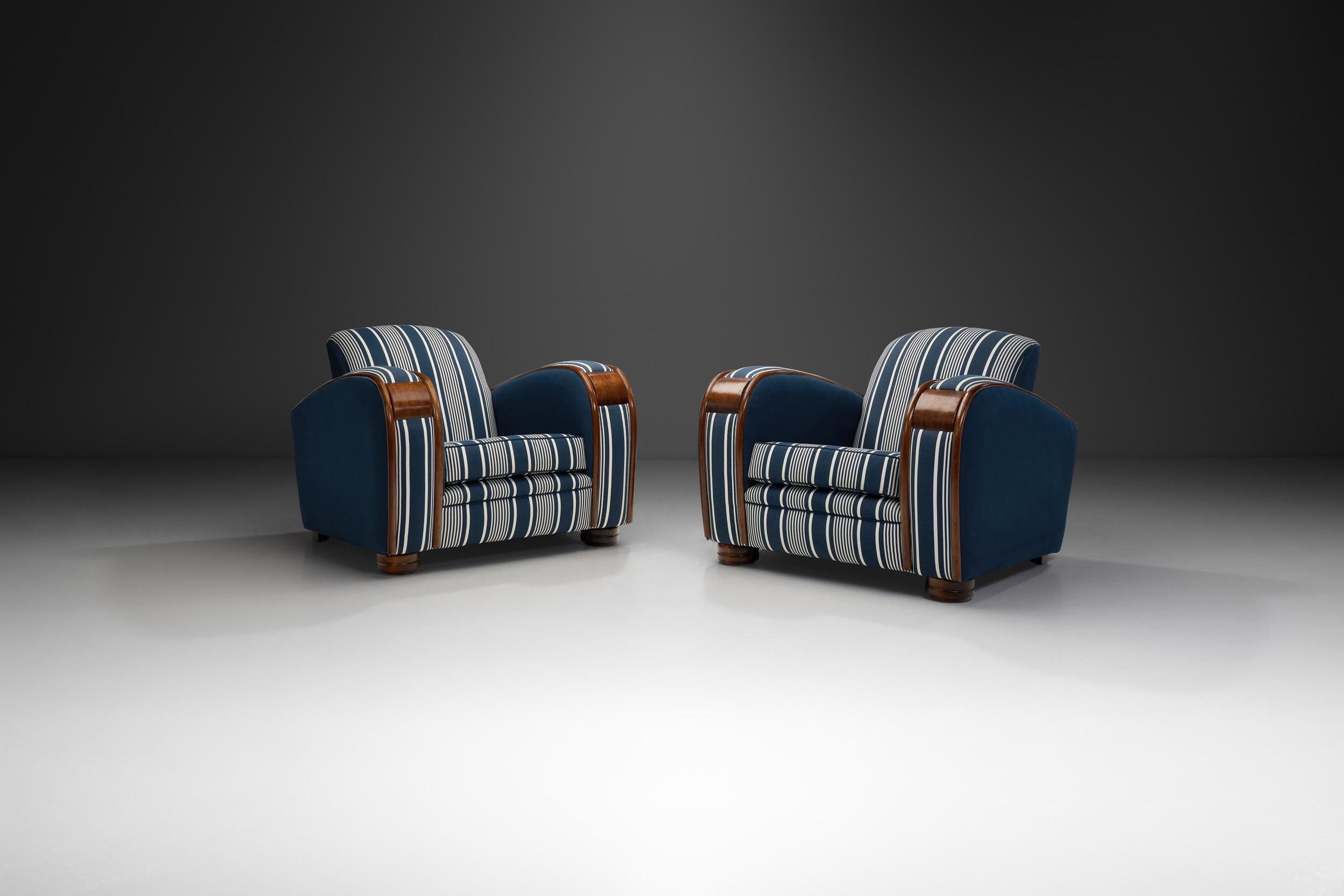 South African Art Deco Club Chairs with Wooden Frame Details, South Africa circa 1940s For Sale