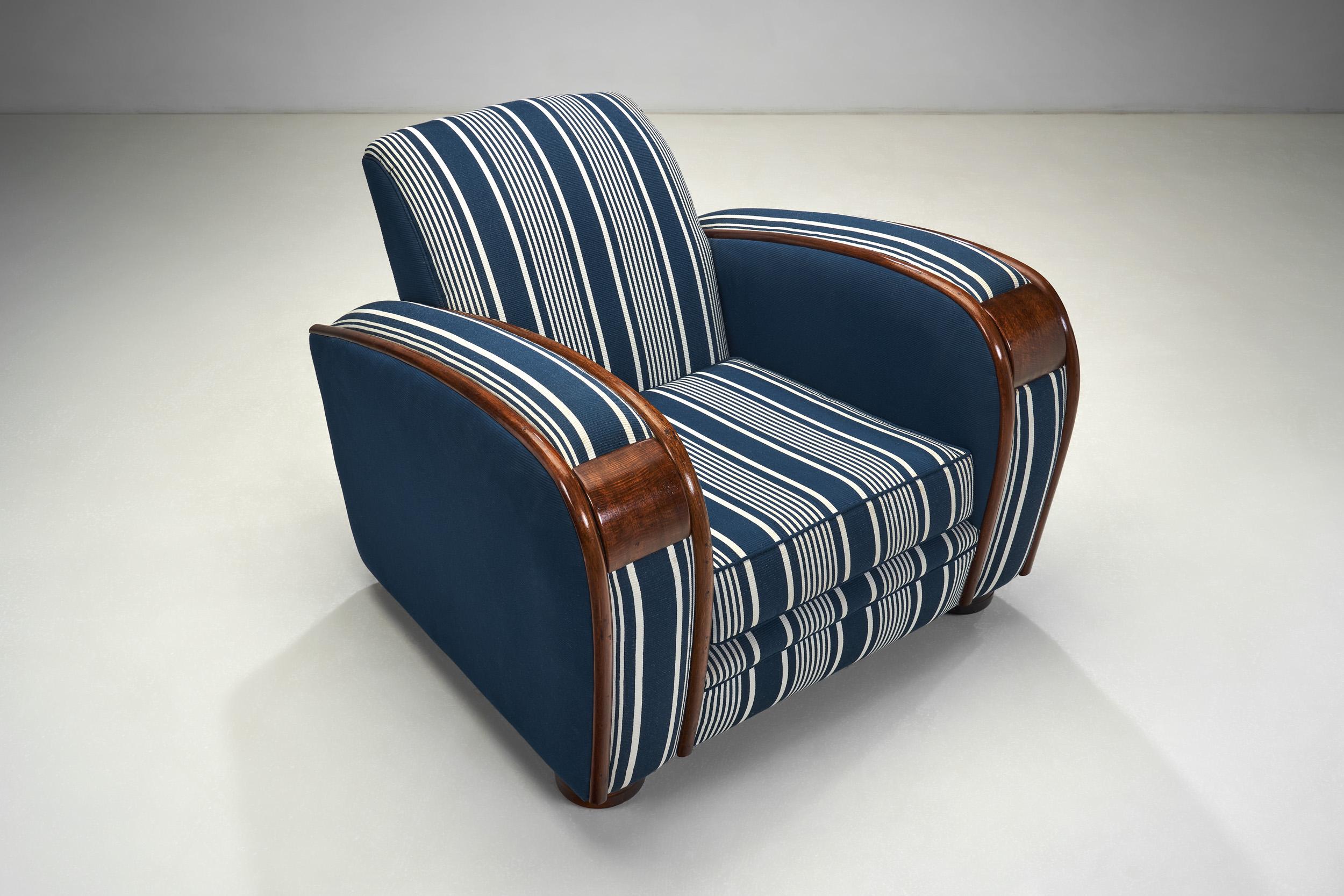 Fabric Art Deco Club Chairs with Wooden Frame Details, South Africa circa 1940s For Sale