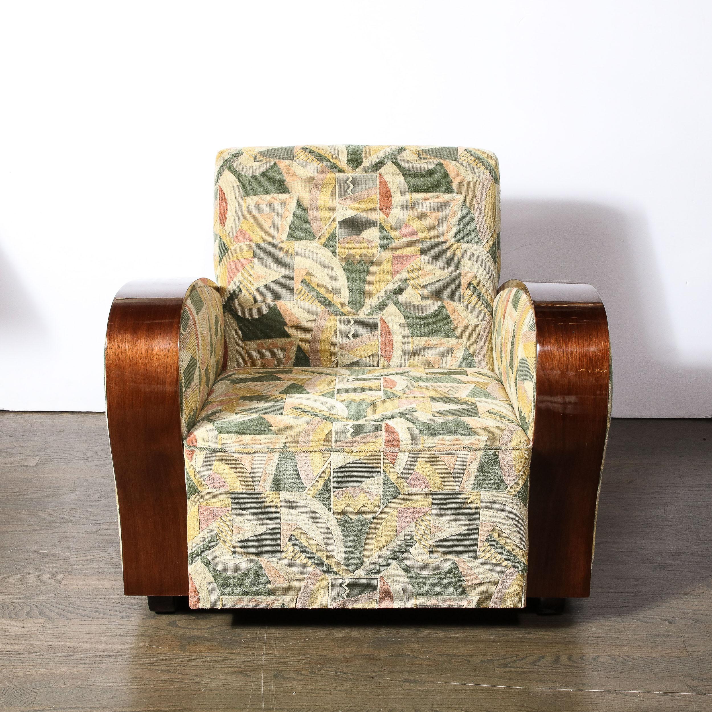 French Art Deco Club/Lounge Chairs in Walnut with Rare Clarence House Upholstery For Sale