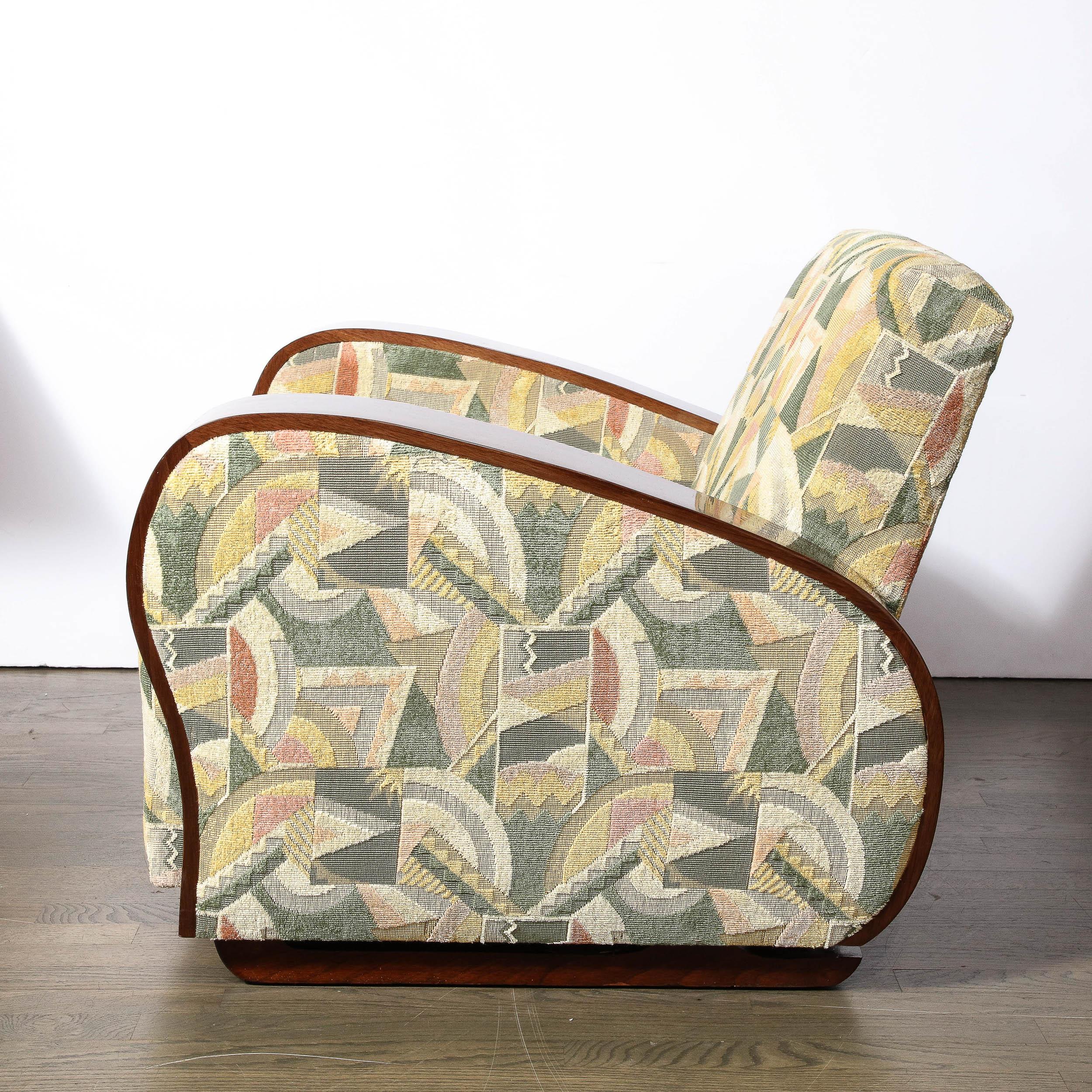 Fabric Art Deco Club/Lounge Chairs in Walnut with Rare Clarence House Upholstery For Sale