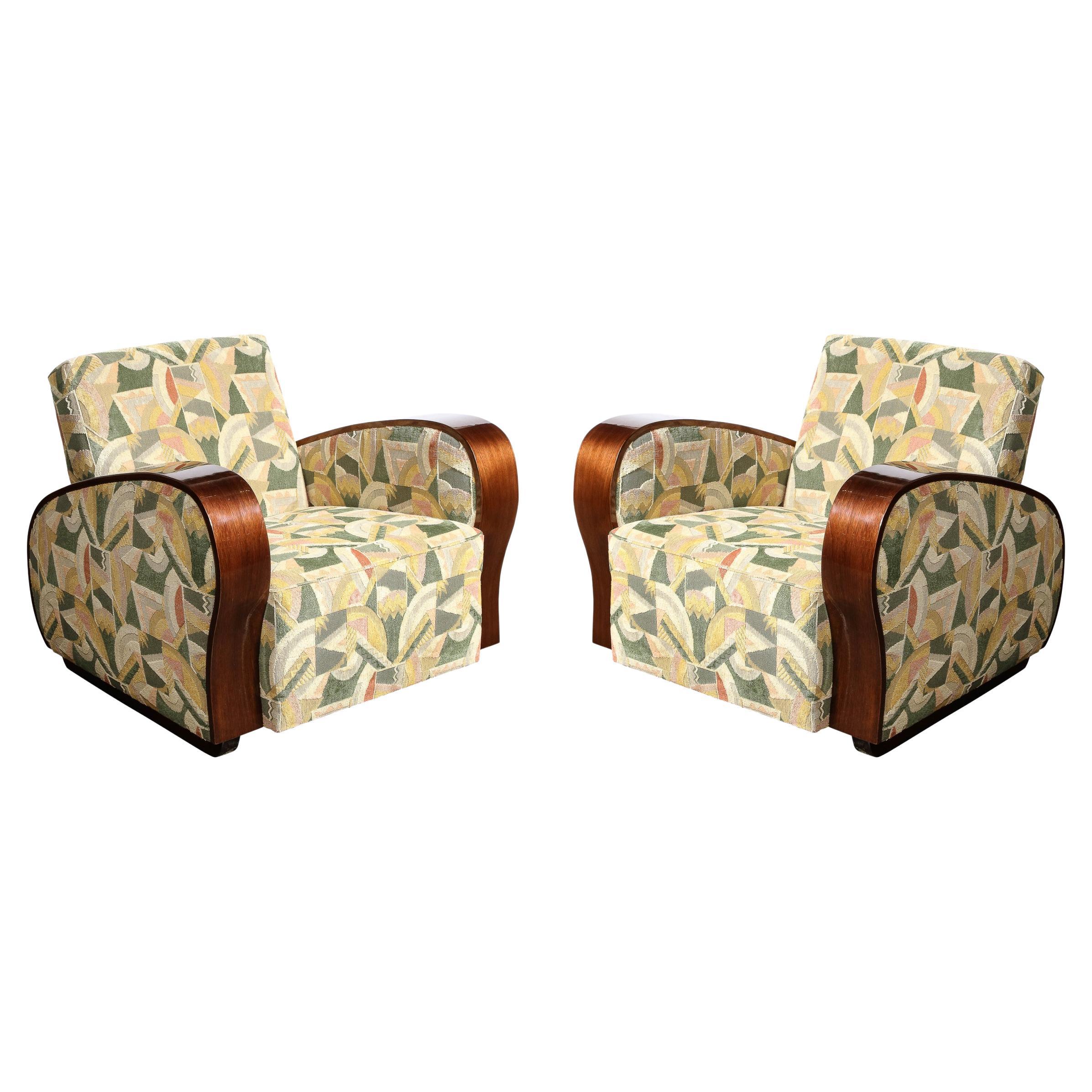 Art Deco Club/Lounge Chairs in Walnut with Rare Clarence House Upholstery