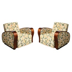 Art Deco Club/Lounge Chairs in Walnut with Rare Clarence House Upholstery