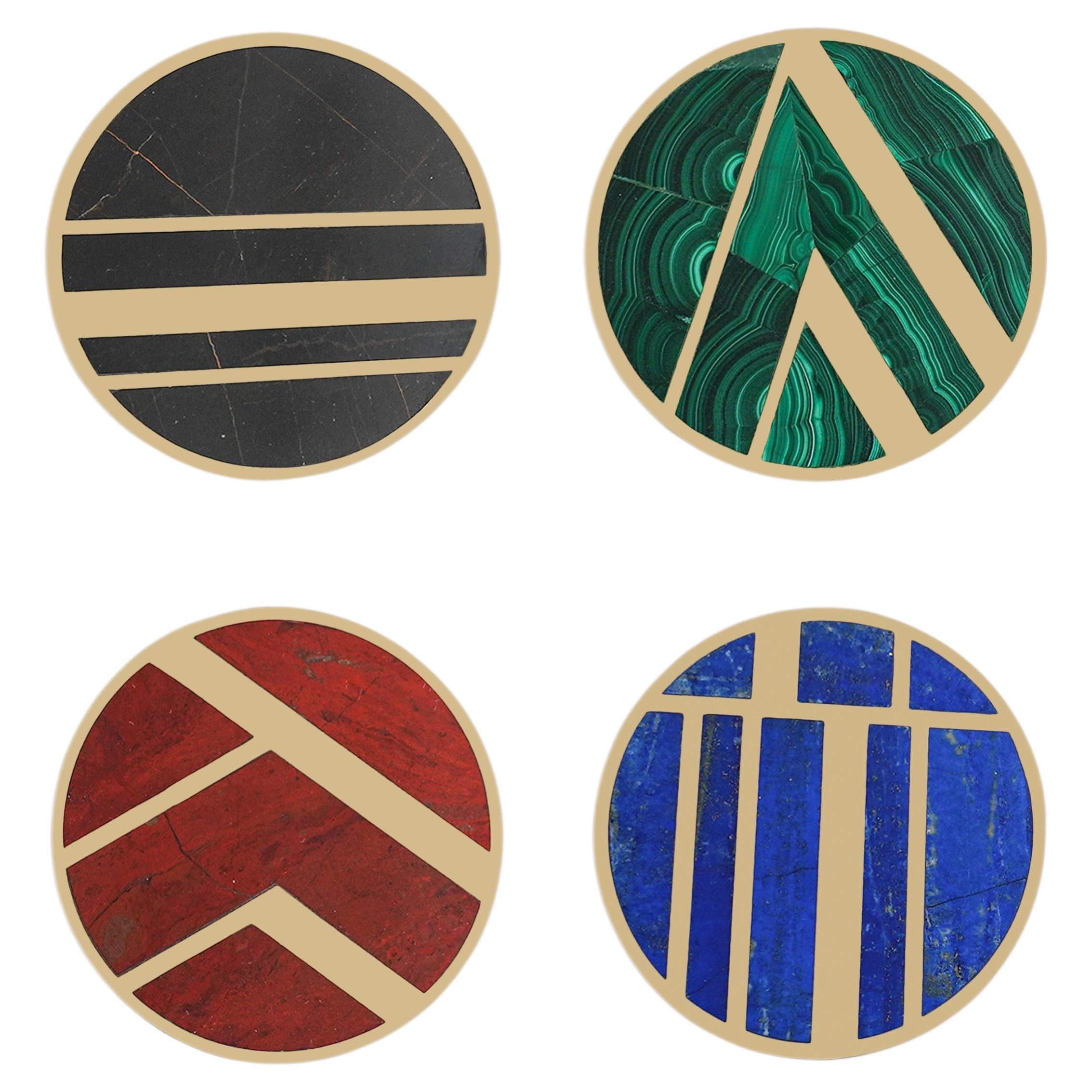 Art Deco Coasters - Set of 4 in Brass with Semi Precious Stone