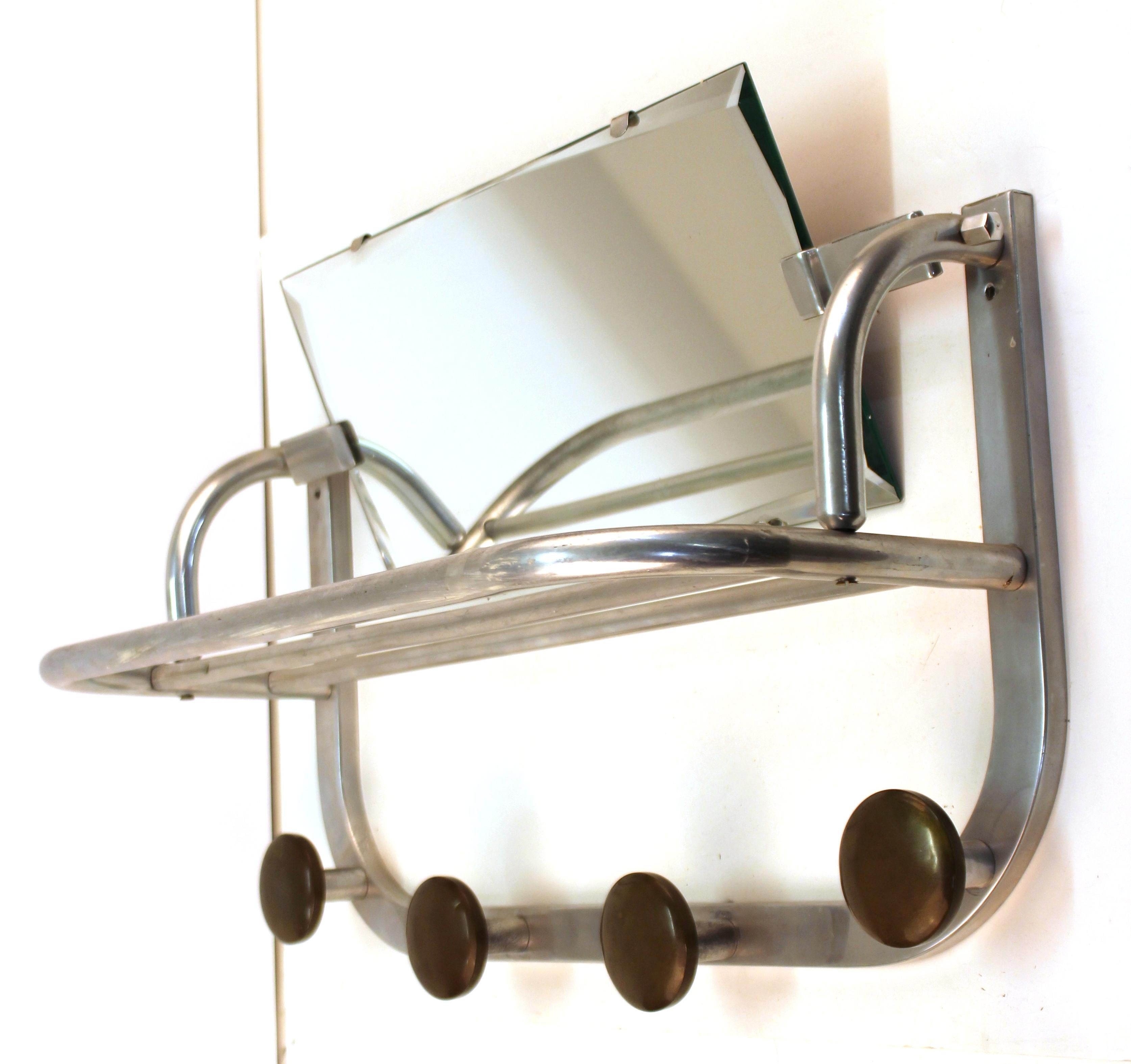 Mid-20th Century Art Deco Coat and Hat Rack in Aluminium with Mirror